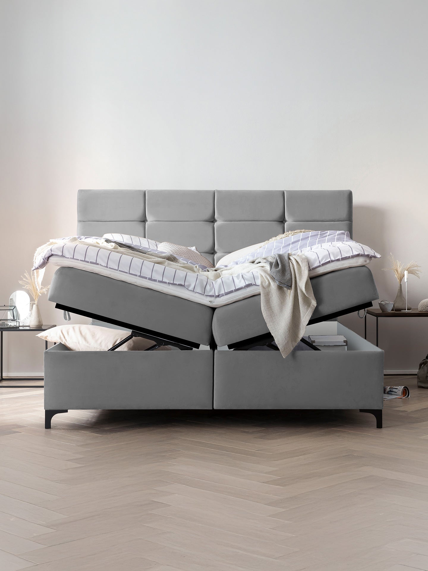 Velours Boxspringbett mit Stauraum Grau KANSAS