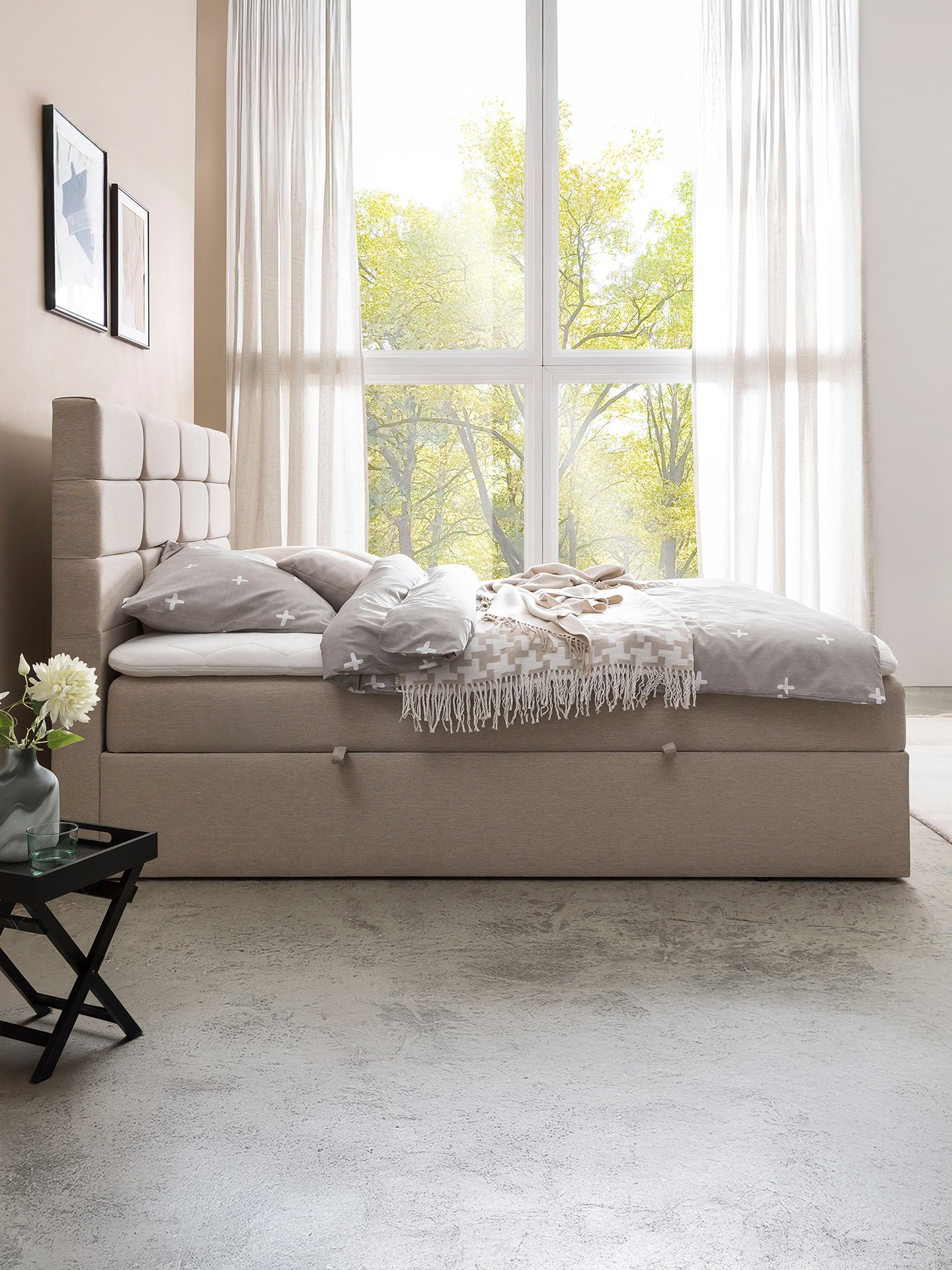 Webstoff Boxspringbett mit Stauraum Beige KANSAS