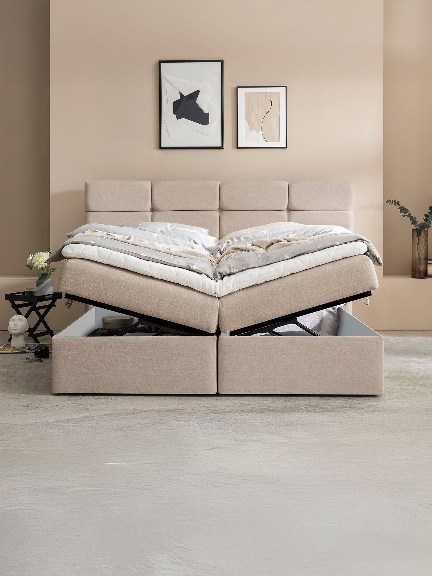 Webstoff Boxspringbett mit Stauraum Beige KANSAS
