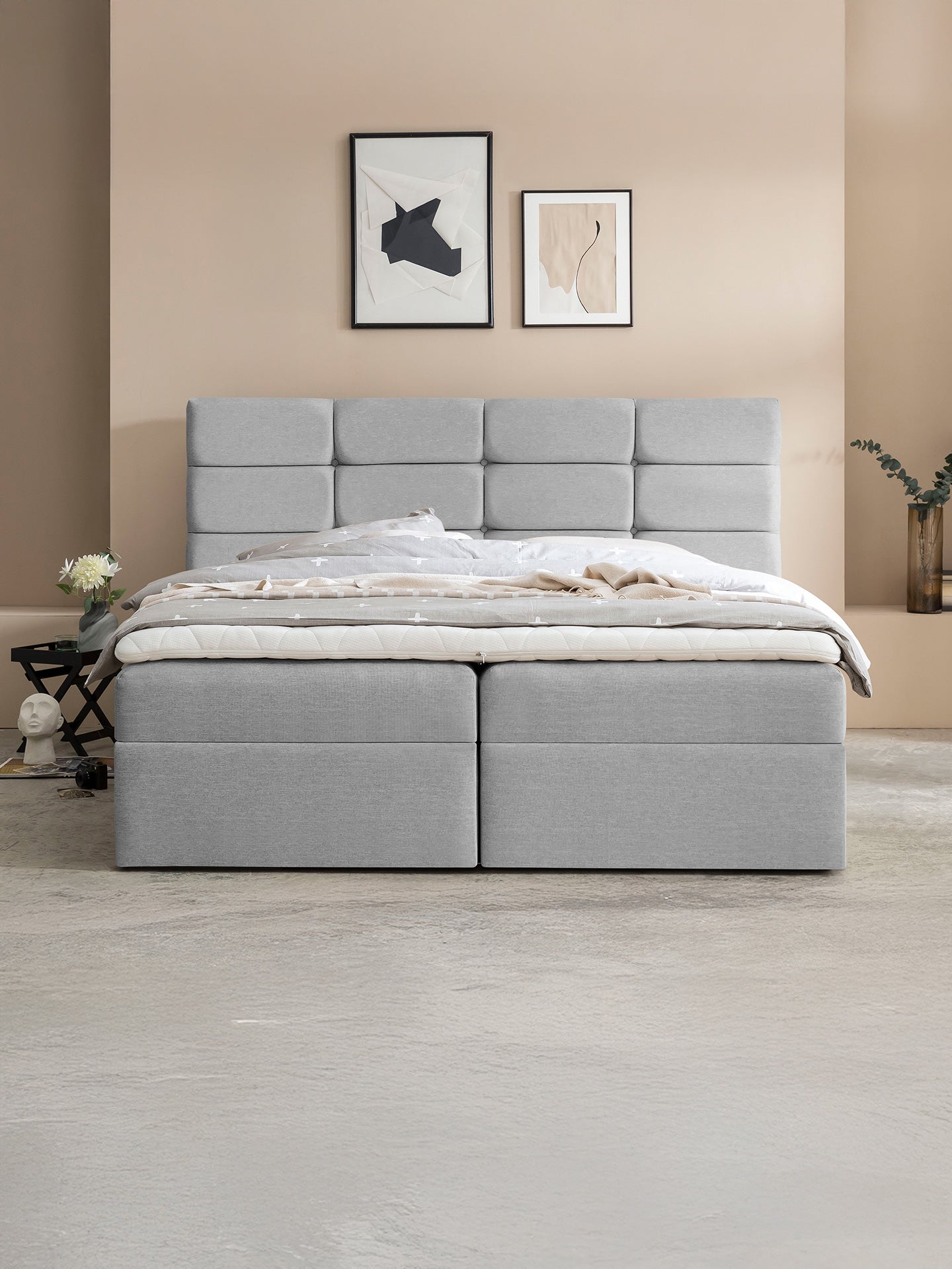 Webstoff Boxspringbett mit Stauraum Hellgrau KANSAS