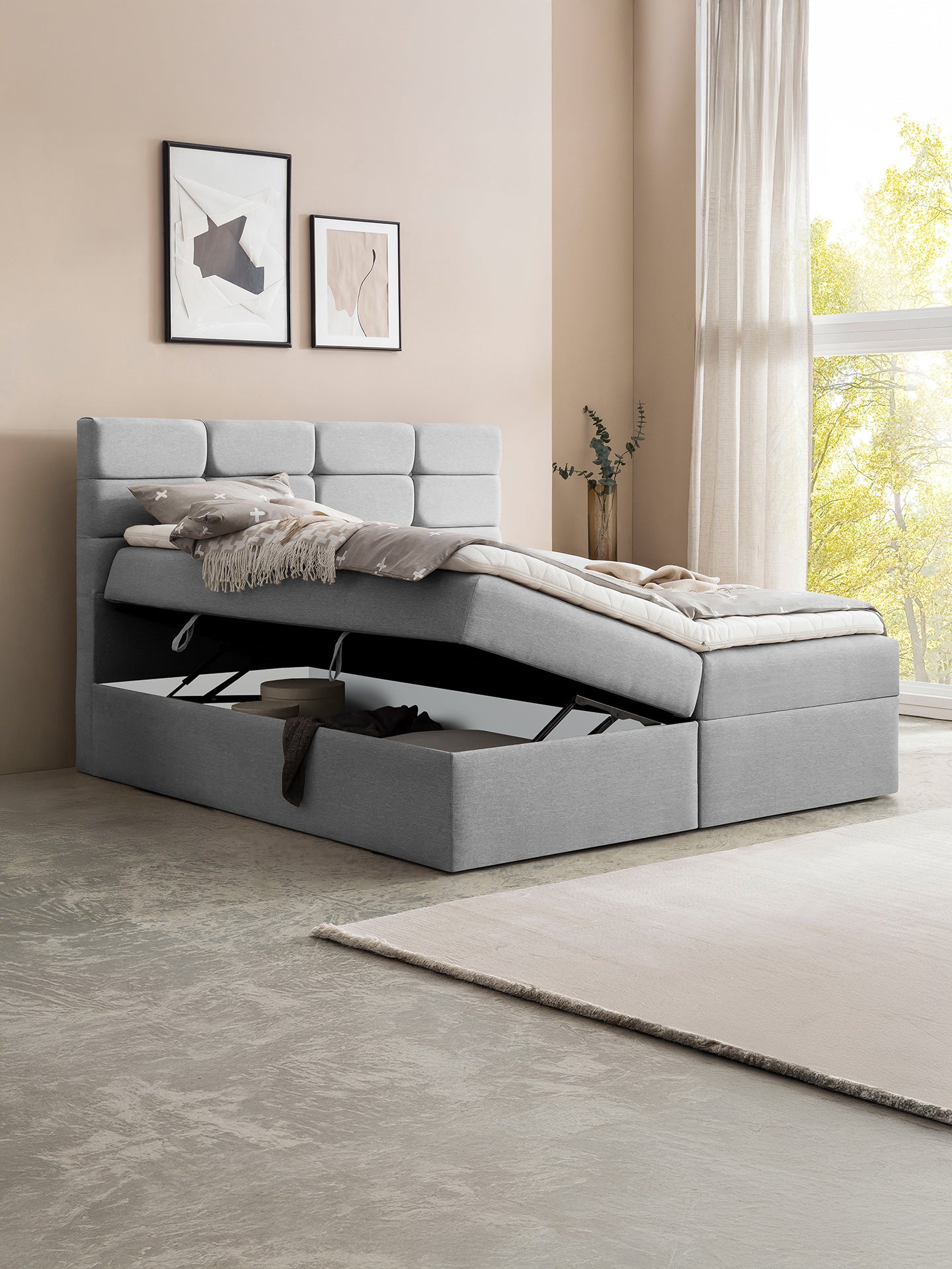 Webstoff Boxspringbett mit Stauraum Hellgrau KANSAS