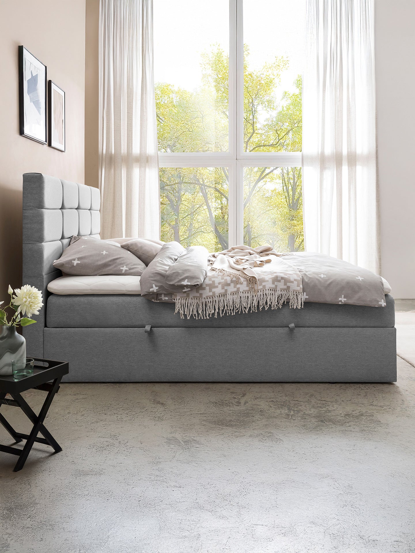 Webstoff Boxspringbett mit Stauraum Hellgrau KANSAS