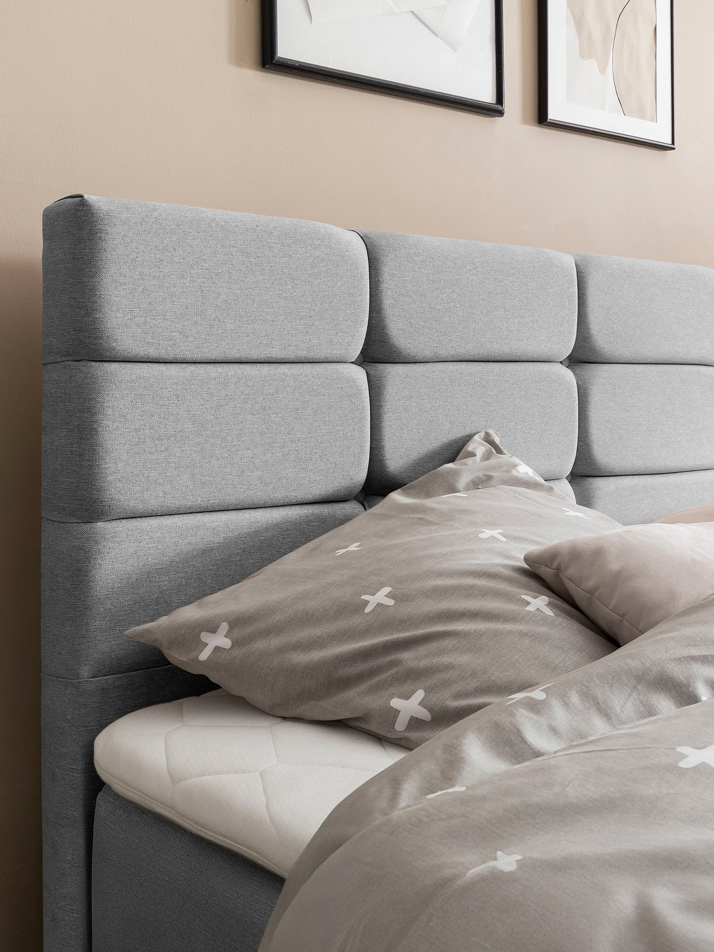 Webstoff Boxspringbett mit Stauraum Hellgrau KANSAS