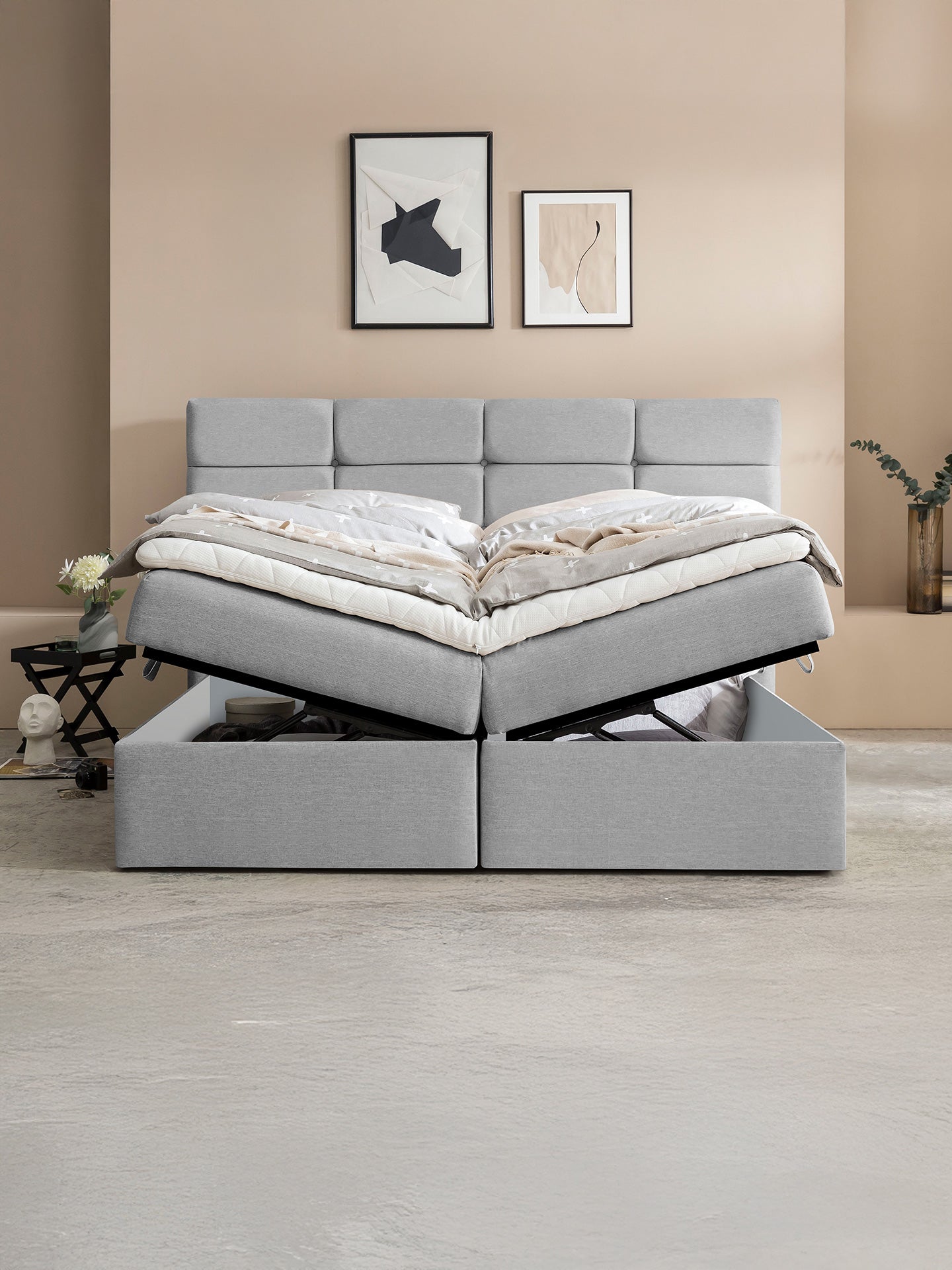 Webstoff Boxspringbett mit Stauraum Hellgrau KANSAS