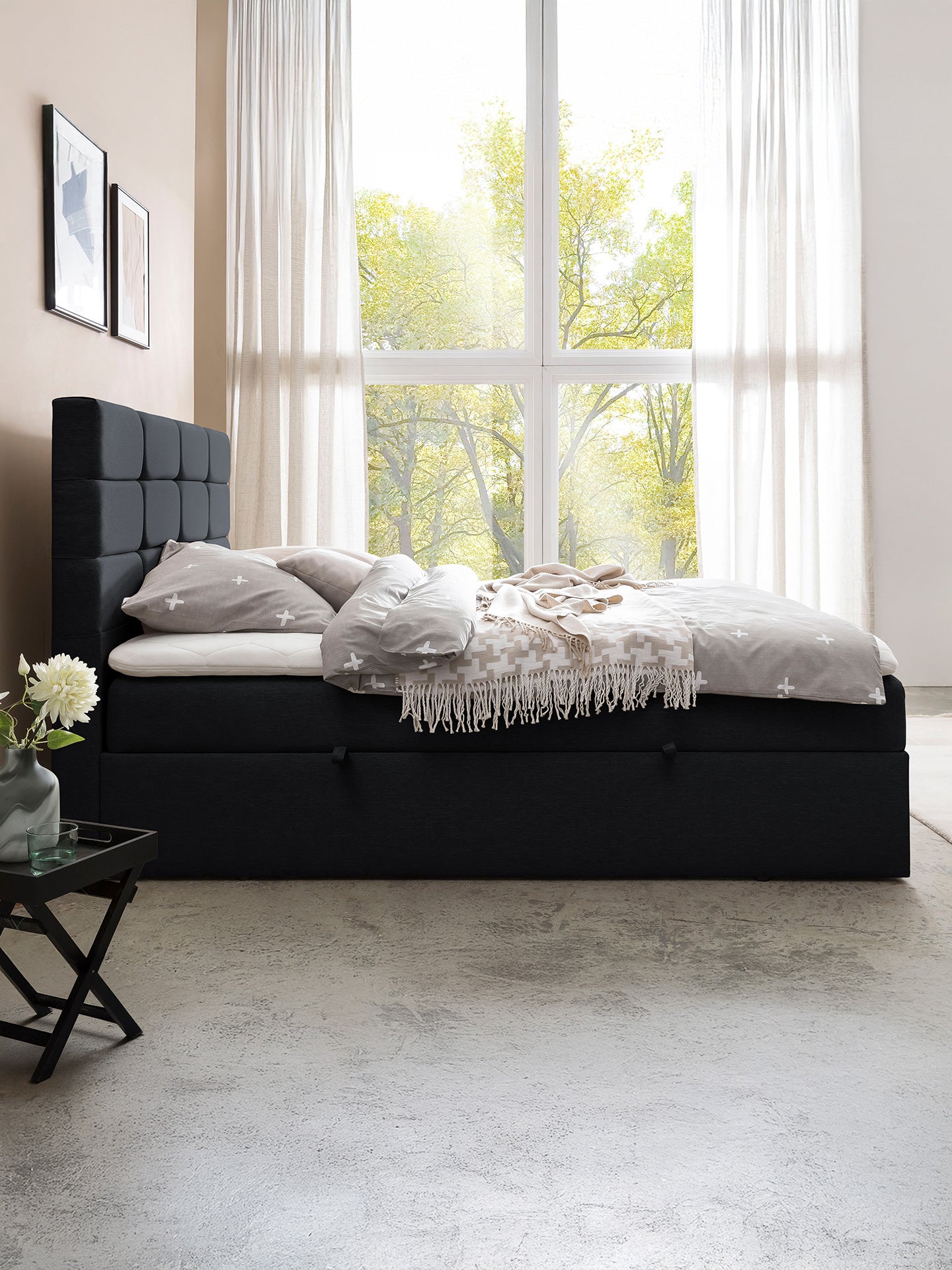 Webstoff Boxspringbett mit Stauraum Schwarz KANSAS