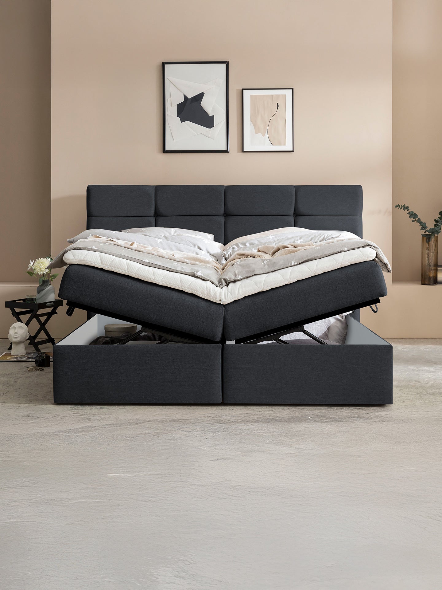 Webstoff Boxspringbett mit Stauraum Schwarz KANSAS