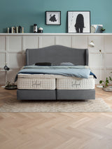 Ein modernes Schlafzimmer mit einem grauen Boxspringbett und blauer Bettwäsche. Die Wände sind türkis und weiß getäfelt.