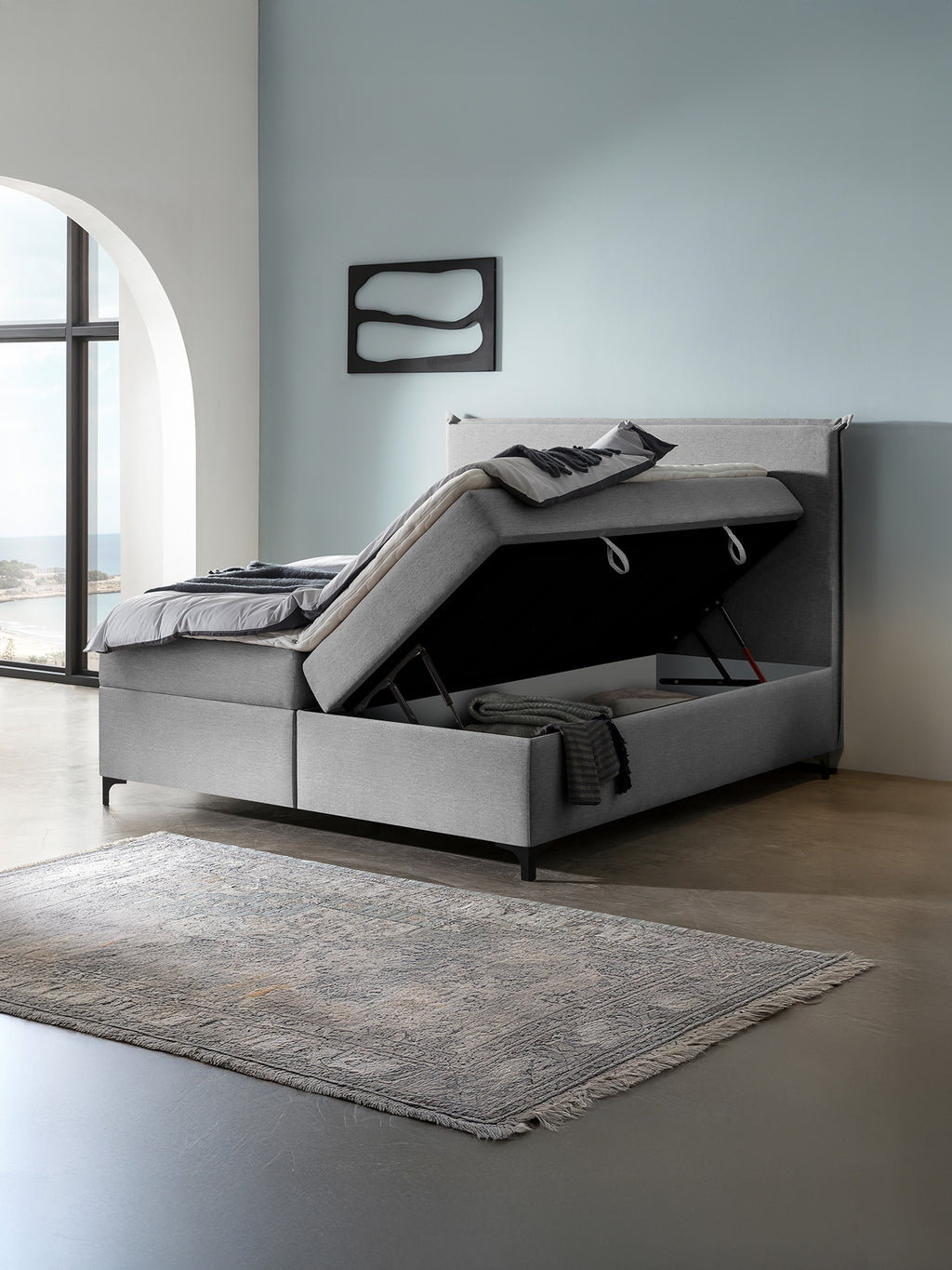 Webstoff Boxspringbett mit Stauraum Hellgrau LONDON