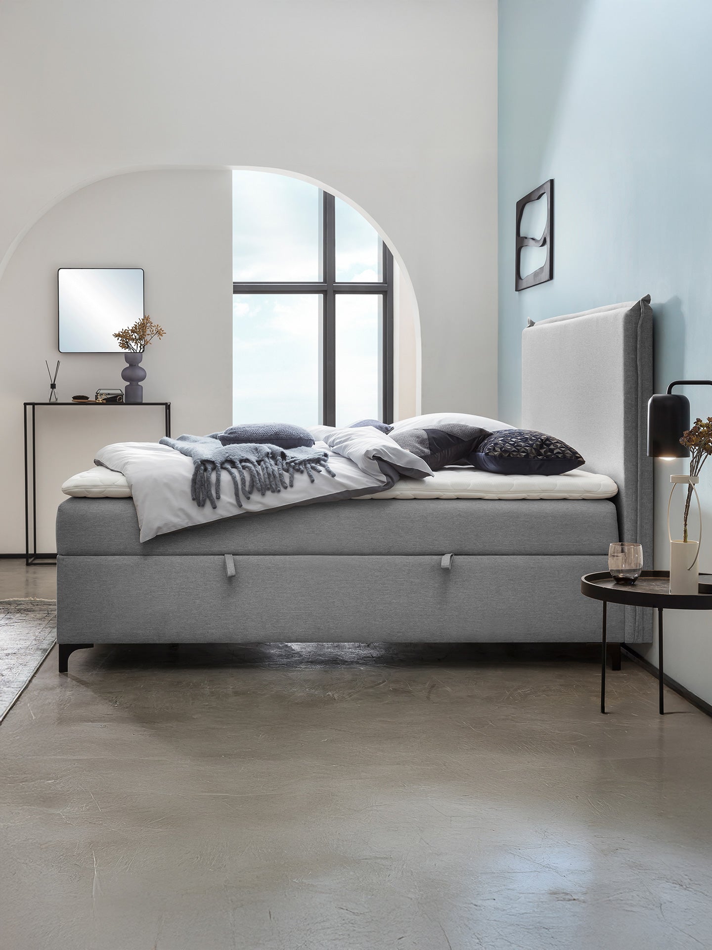 Webstoff Boxspringbett mit Stauraum Hellgrau LONDON