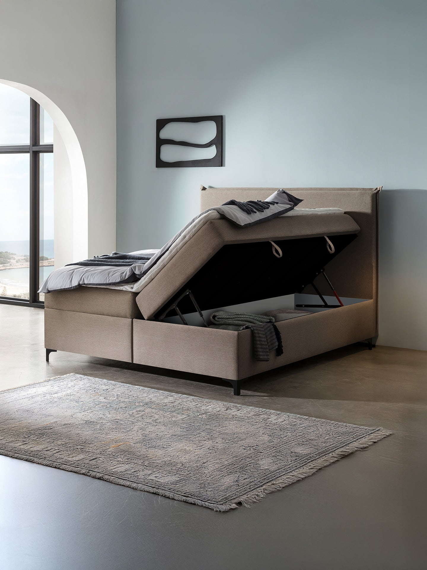 Webstoff Boxspringbett mit Stauraum Nougat LONDON