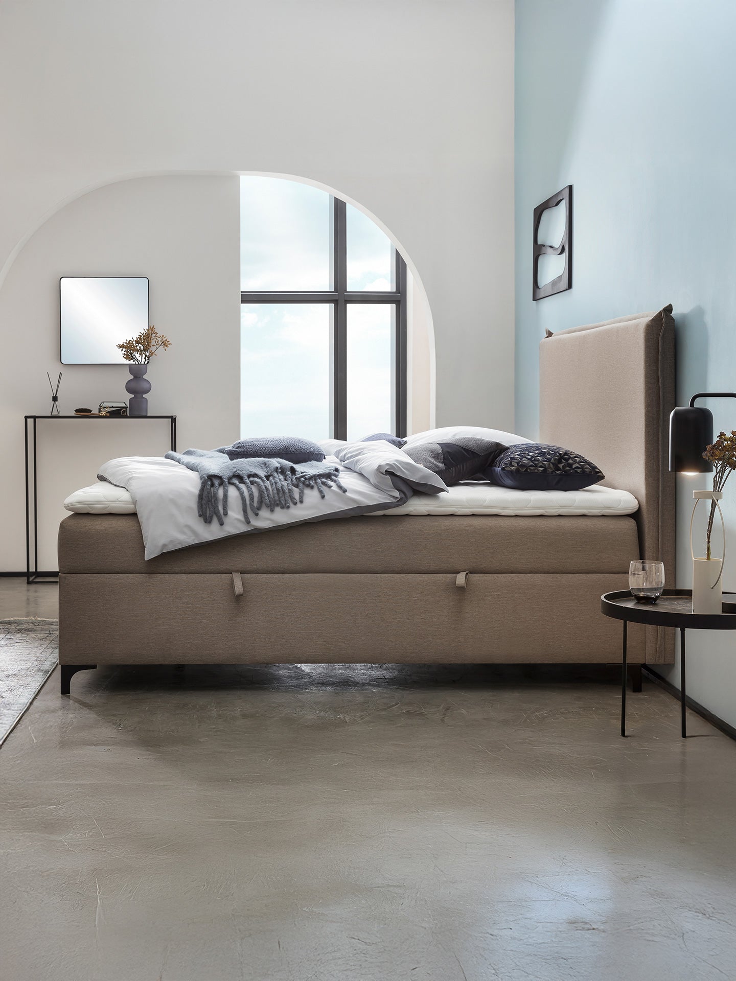 Webstoff Boxspringbett mit Stauraum Nougat LONDON