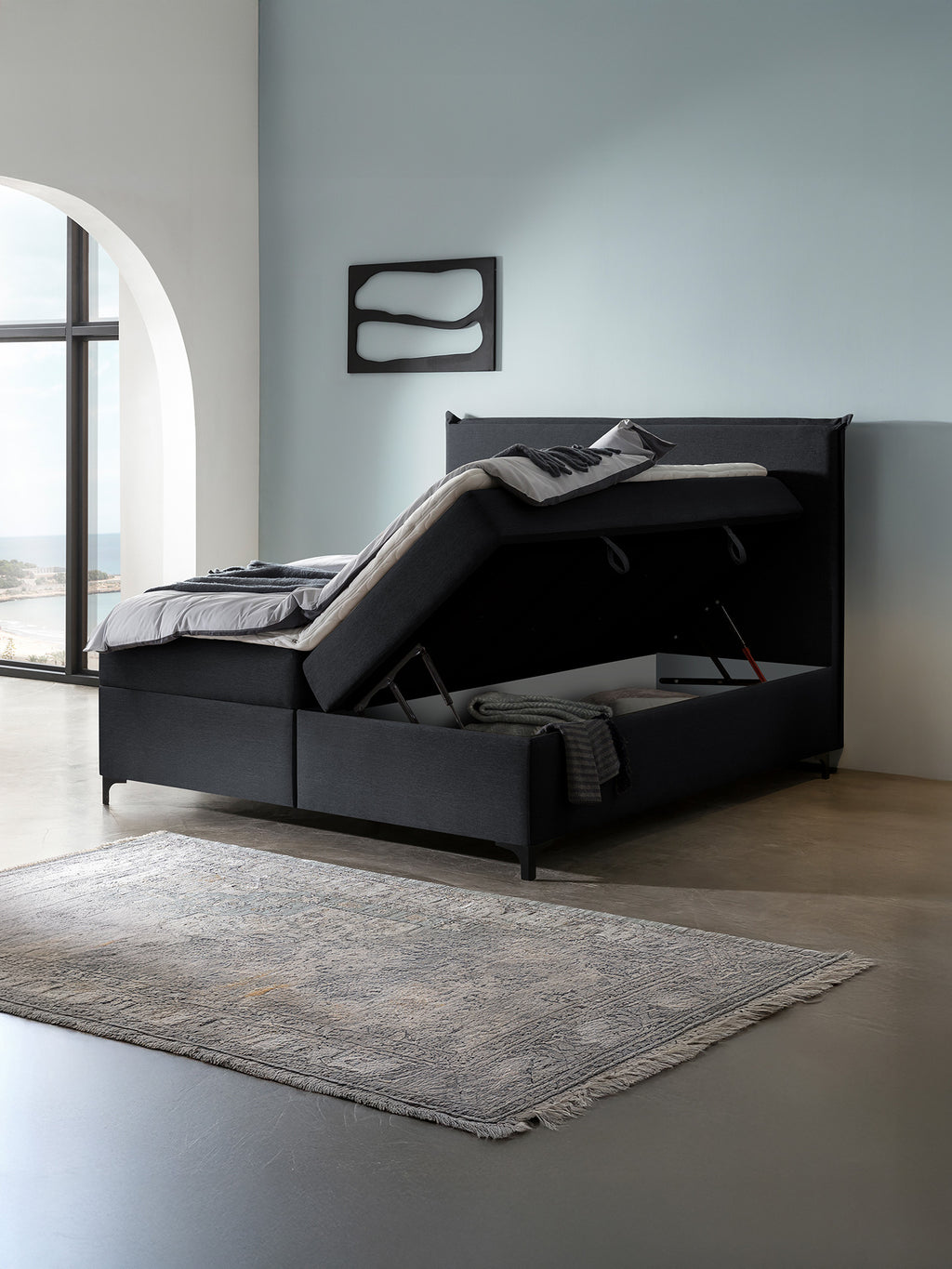 Webstoff Boxspringbett mit Stauraum Schwarz LONDON