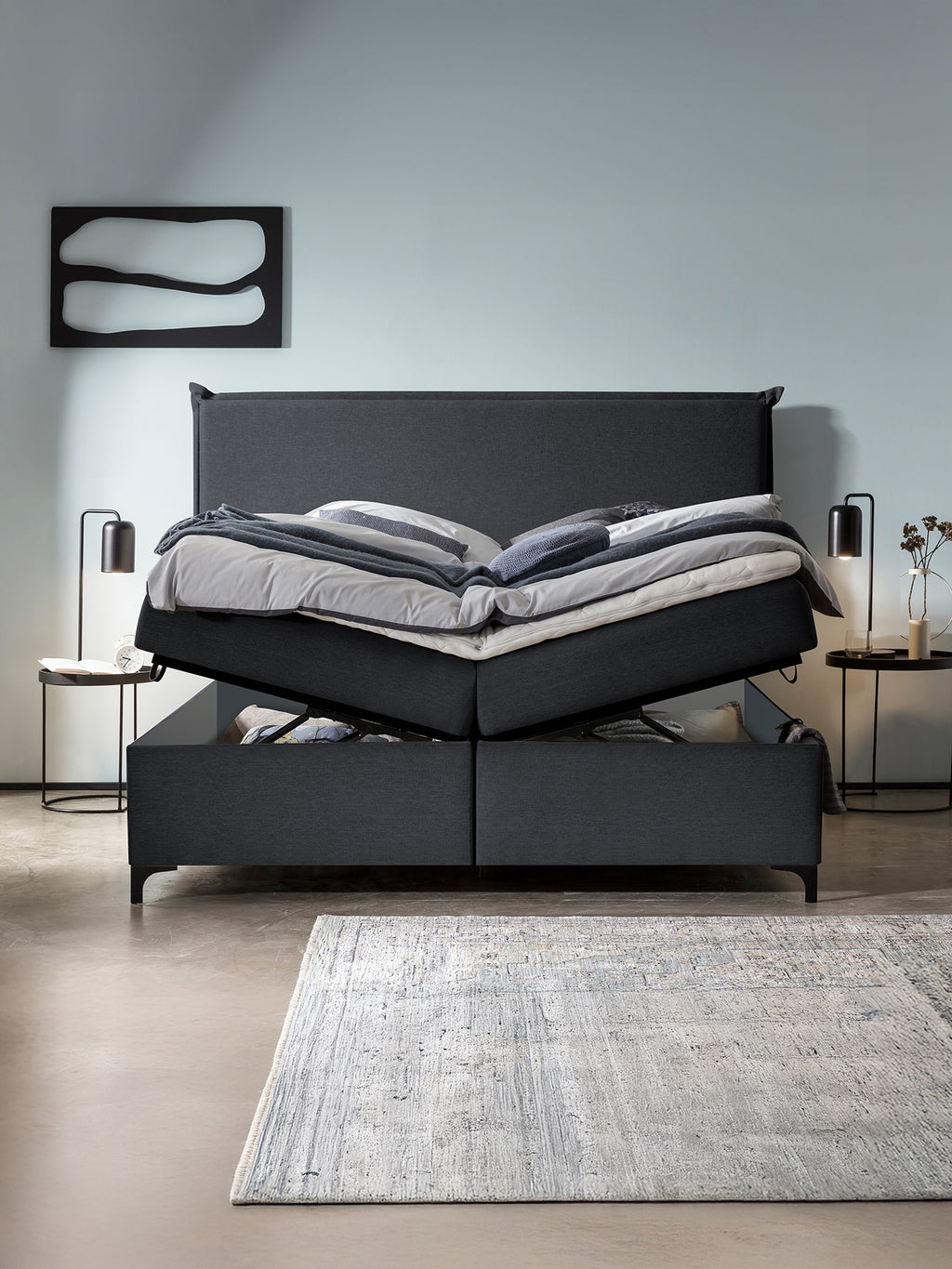 Webstoff Boxspringbett mit Stauraum Schwarz LONDON