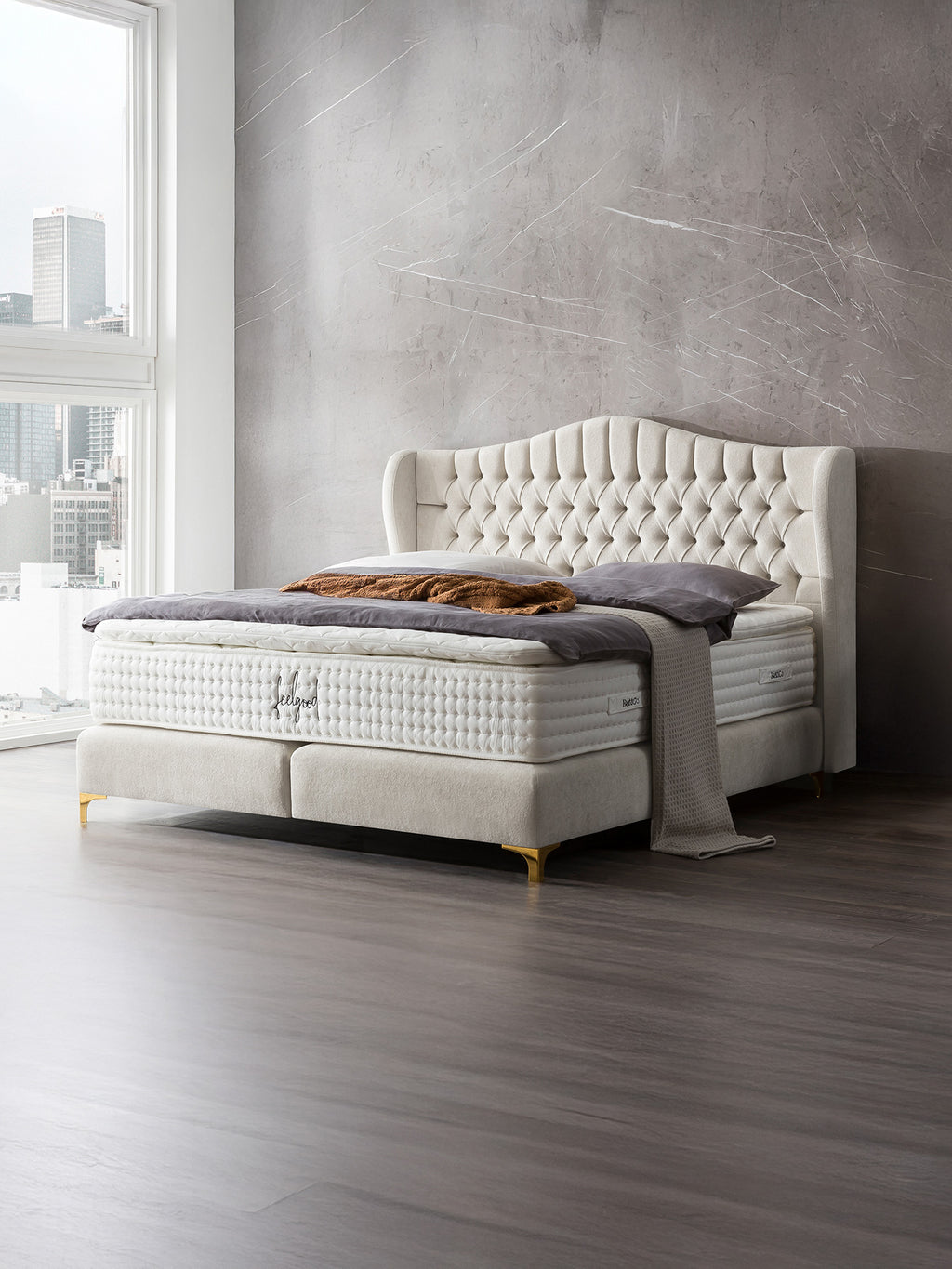 Teddy-Bouclé Boxspringbett Altweiß MAISON