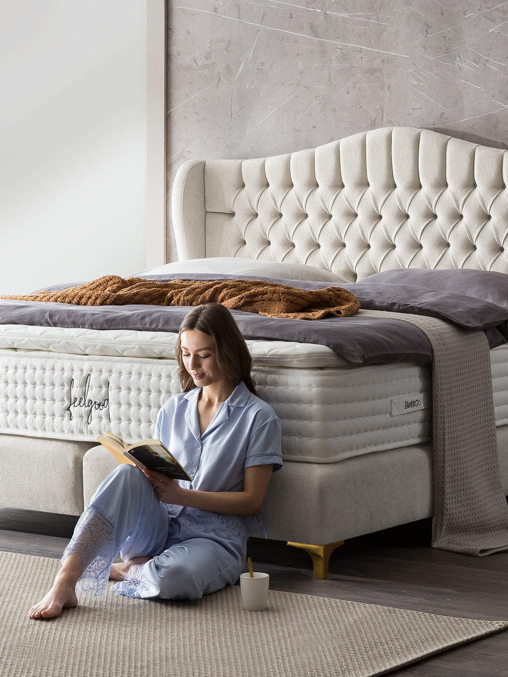 Teddy-Bouclé Boxspringbett Altweiß MAISON