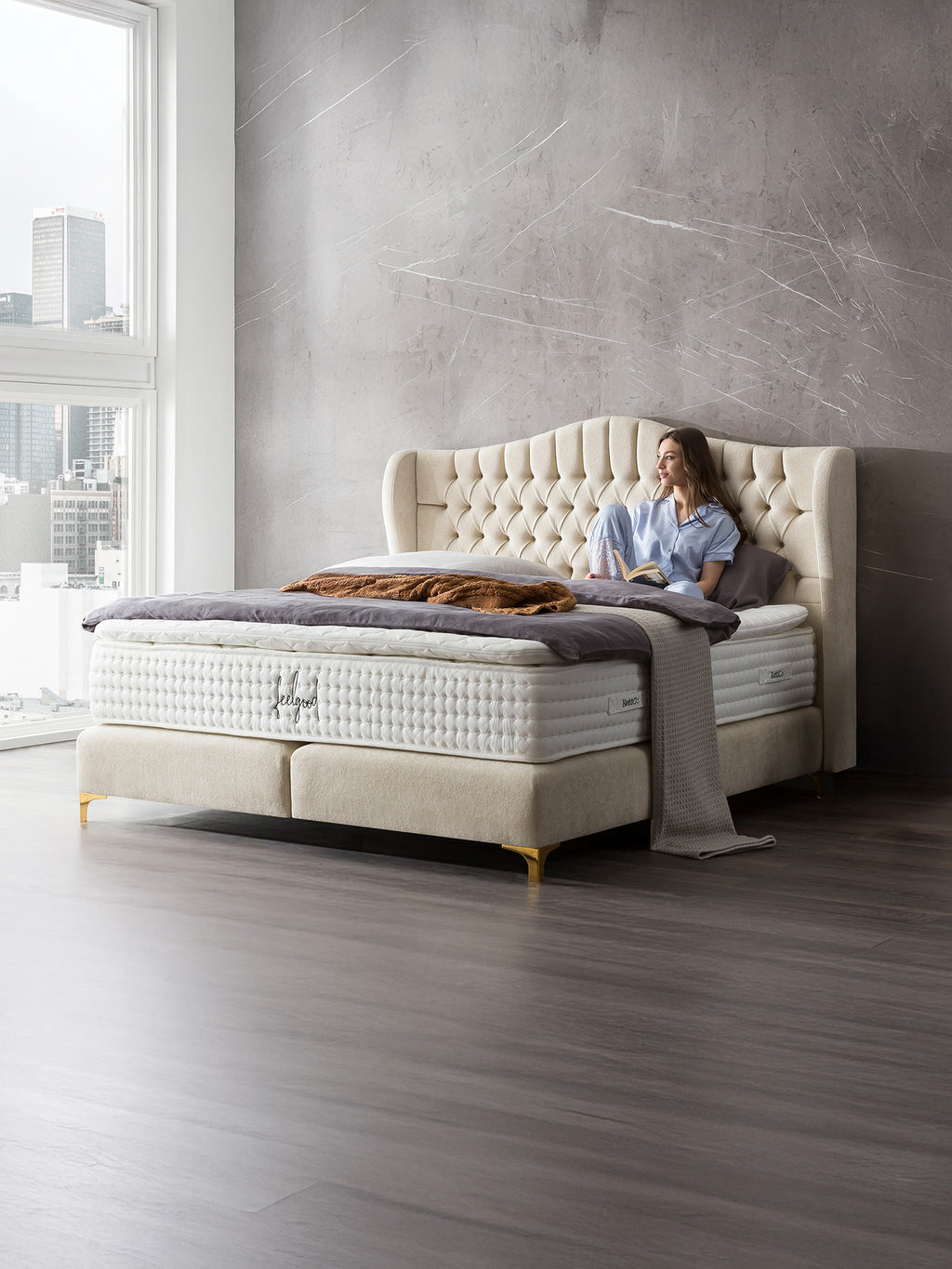 Teddy-Bouclé Boxspringbett Creme MAISON