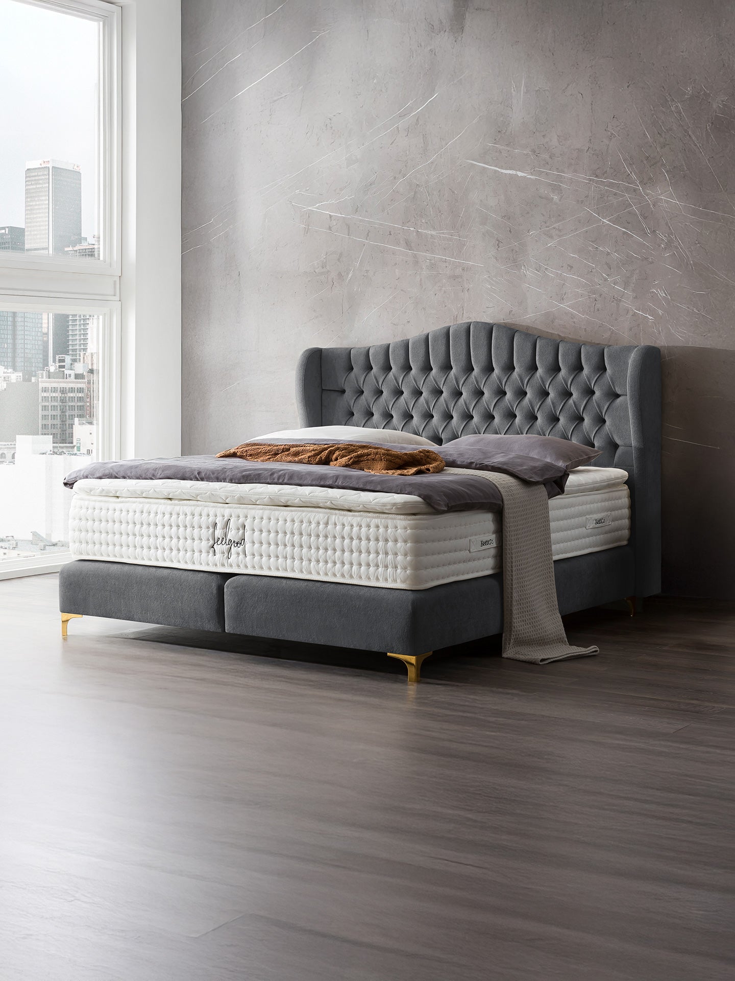 Teddy-Bouclé Boxspringbett Dunkelgrau MAISON