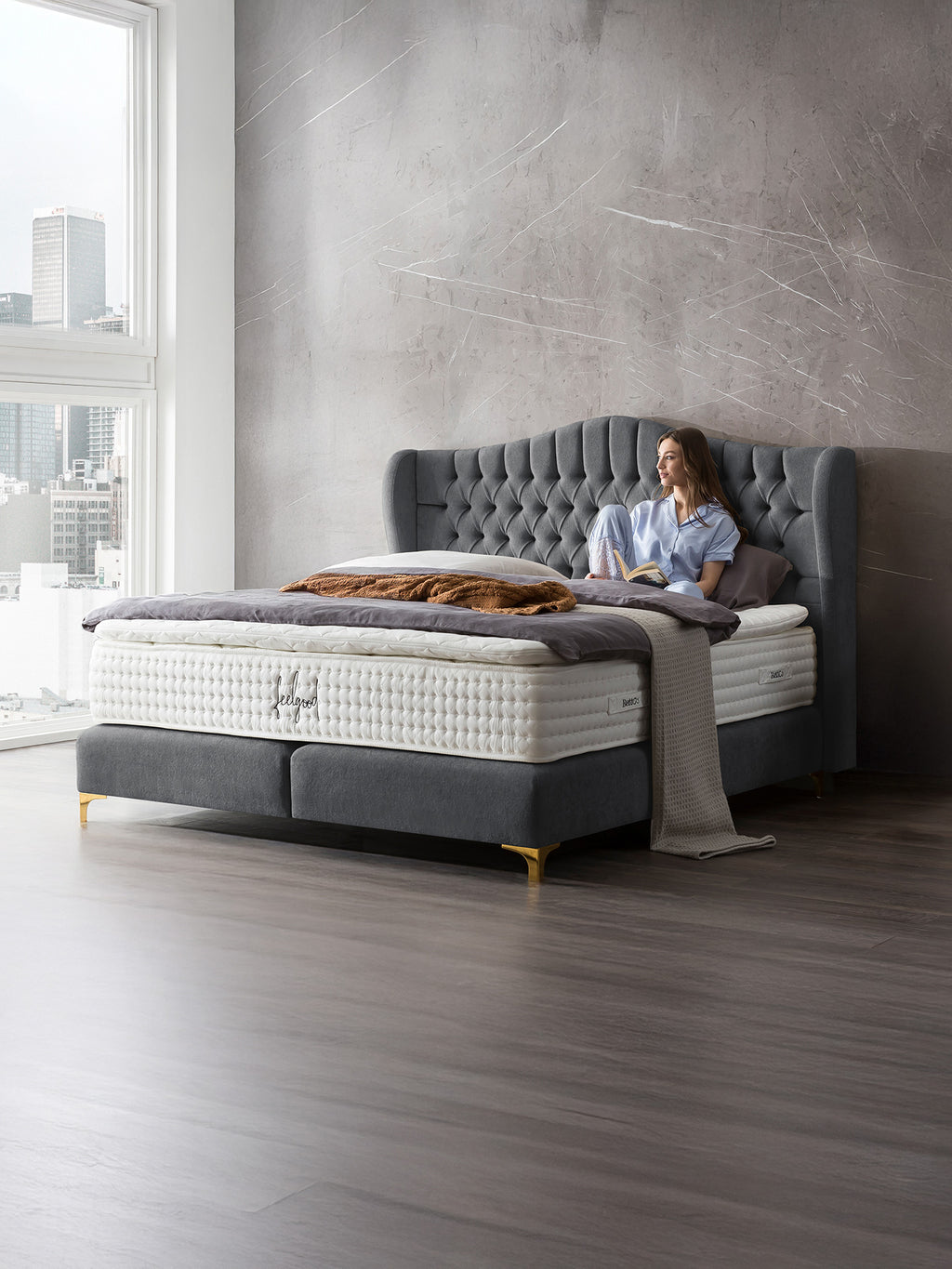 Teddy-Bouclé Boxspringbett Dunkelgrau MAISON