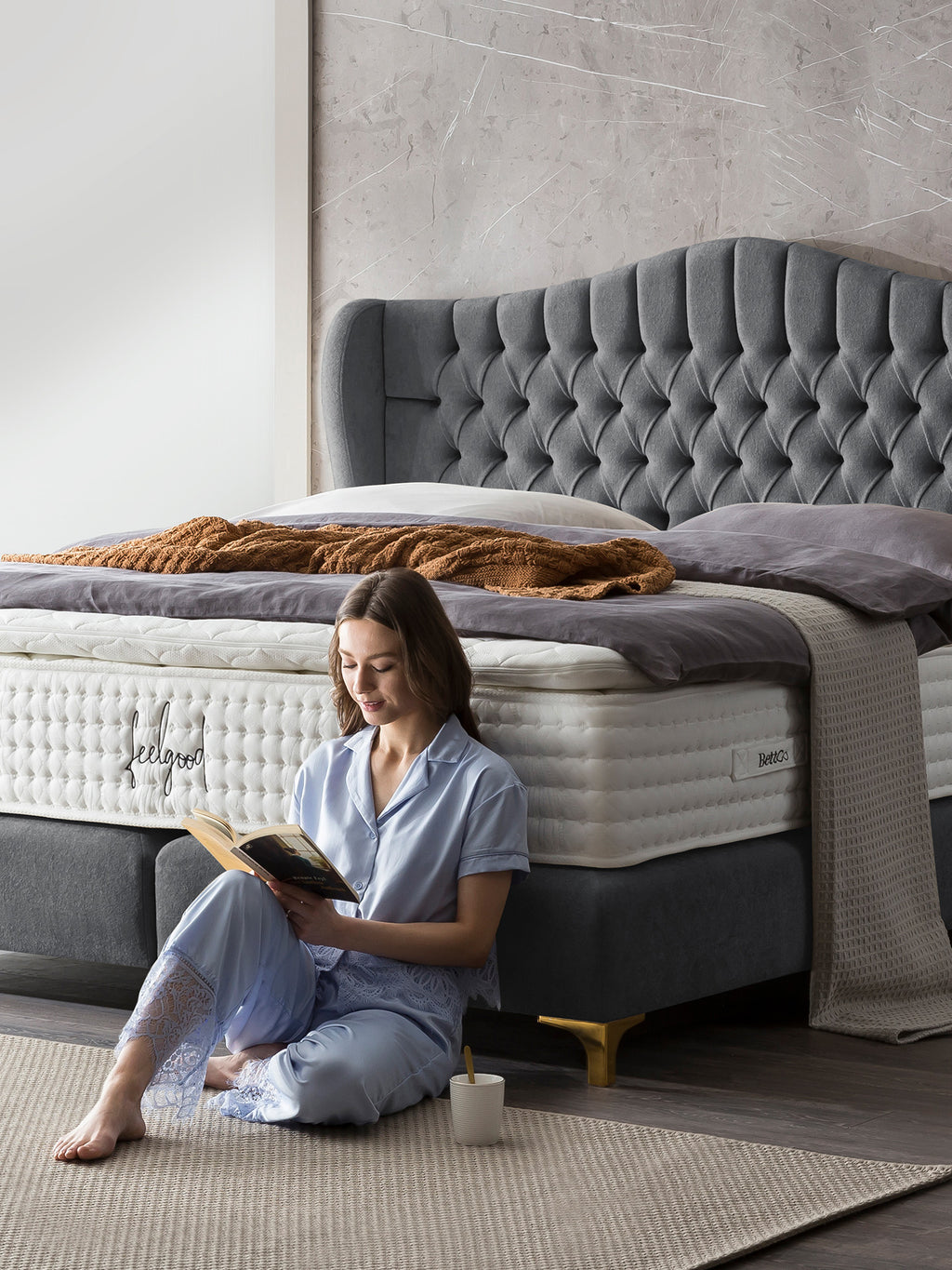 Teddy-Bouclé Boxspringbett Dunkelgrau MAISON