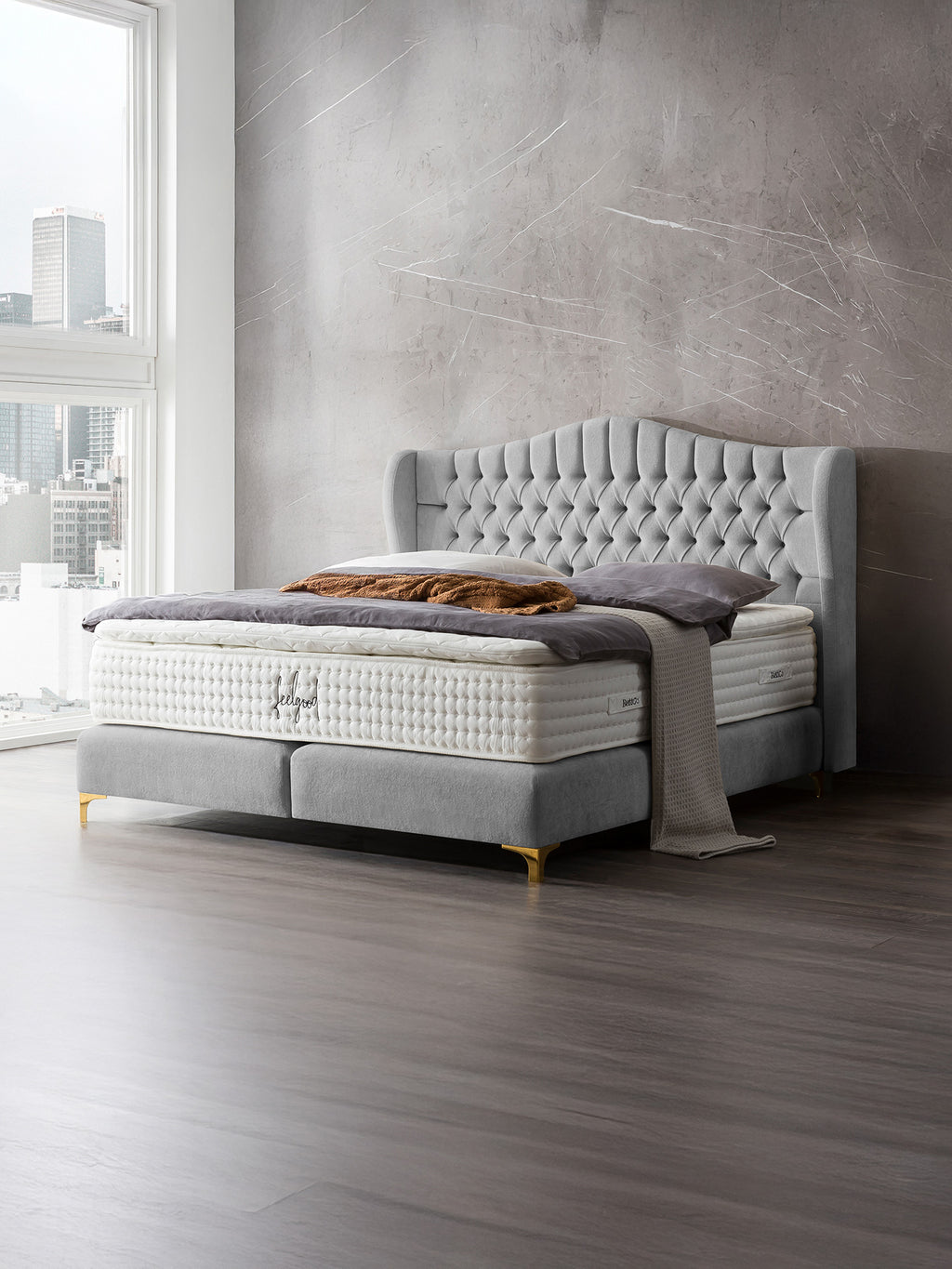 Teddy-Bouclé Boxspringbett Grau MAISON