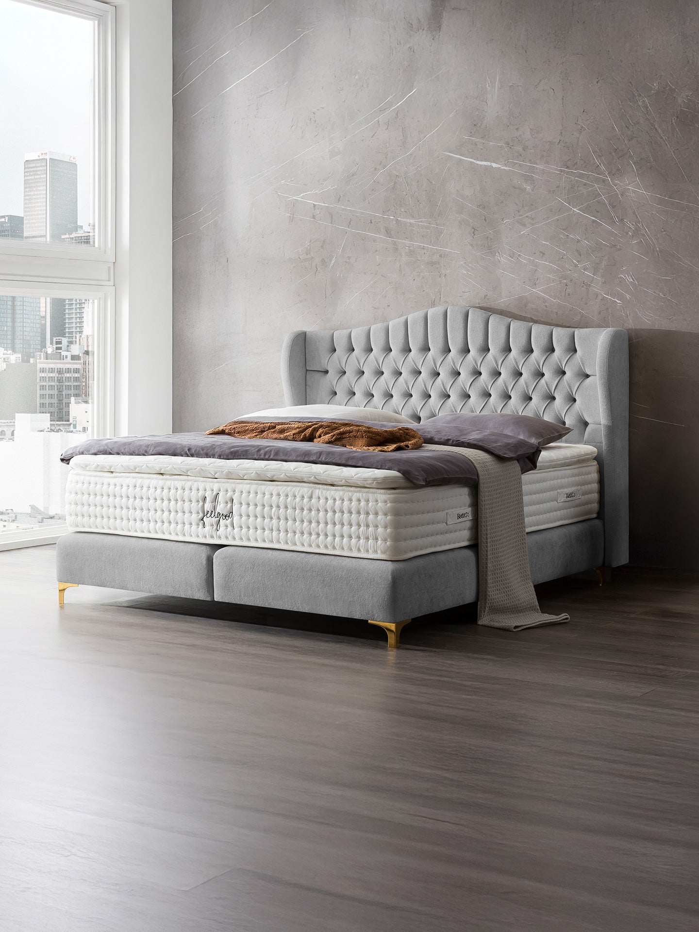 Teddy-Bouclé Boxspringbett Grau MAISON