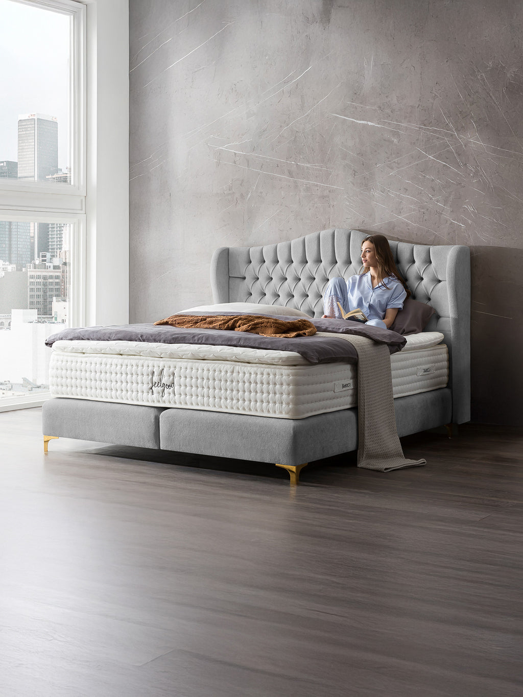 Teddy-Bouclé Boxspringbett Grau MAISON