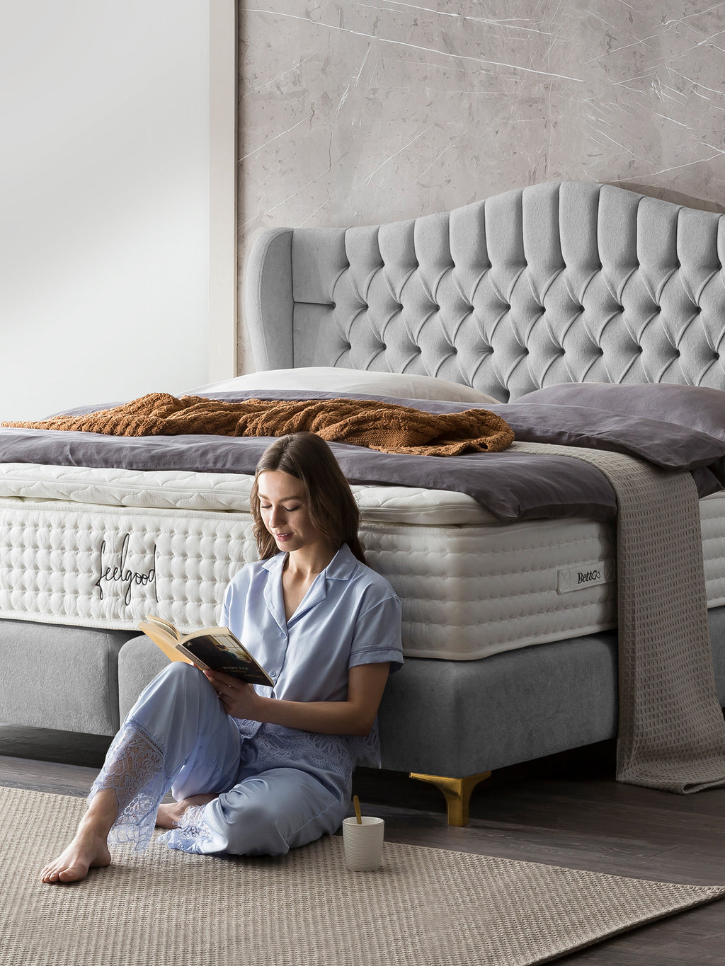 Teddy-Bouclé Boxspringbett Grau MAISON