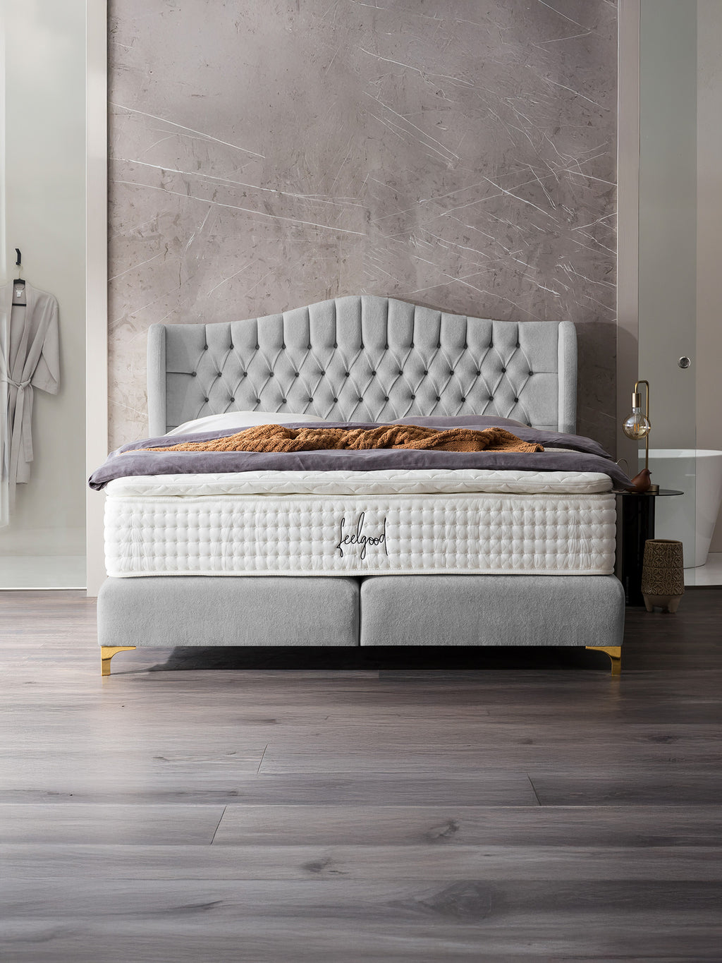 Teddy-Bouclé Boxspringbett Grau MAISON