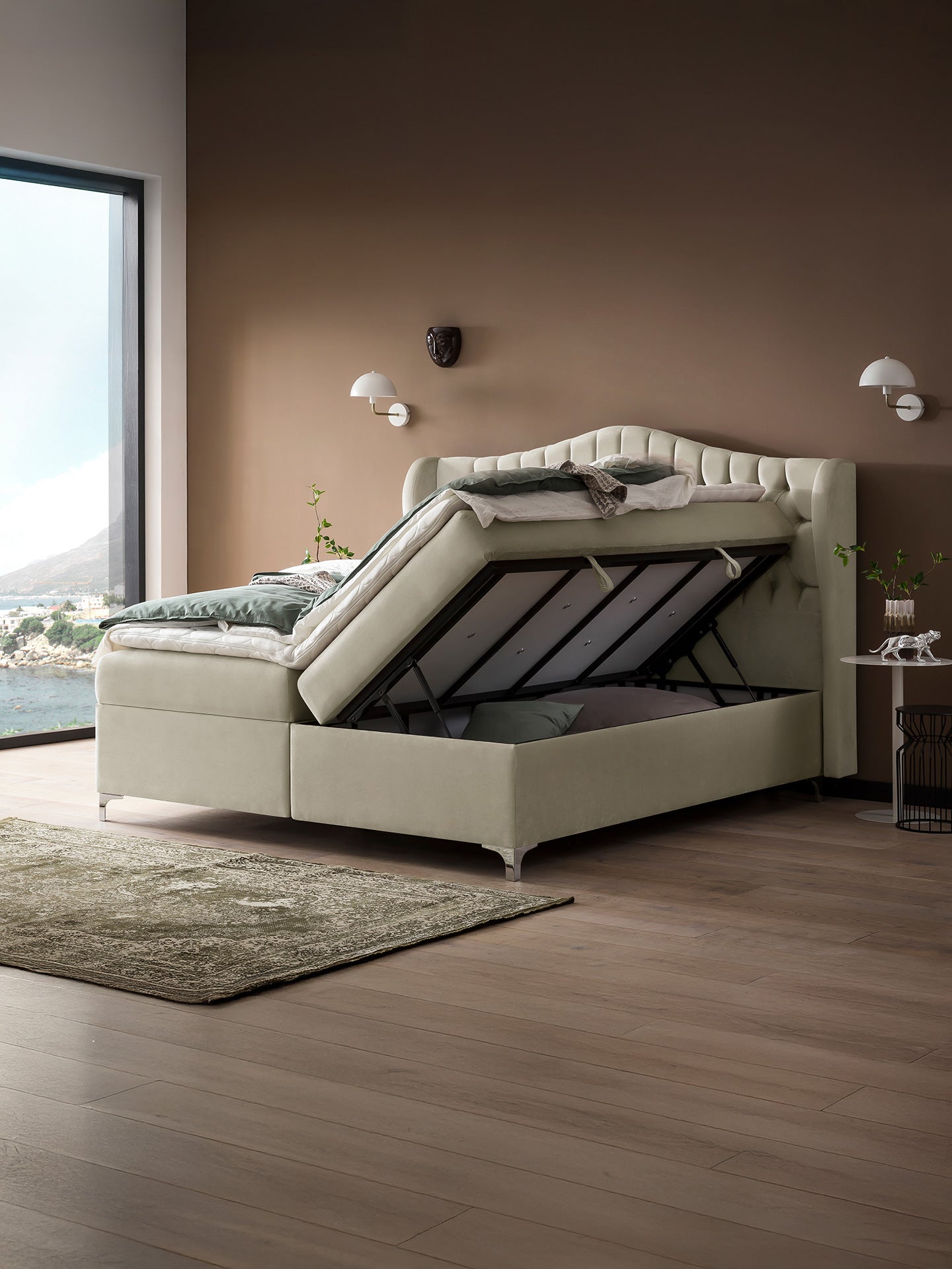 Samt Boxspringbett mit Stauraum Creme MAISON