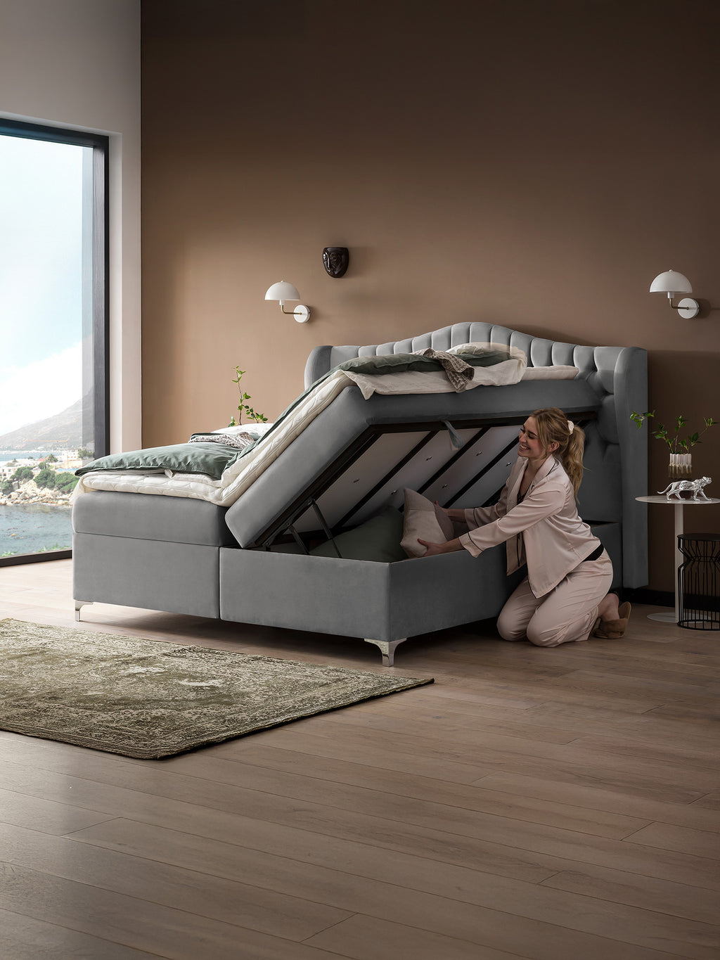 Samt Boxspringbett mit Stauraum Grau MAISON