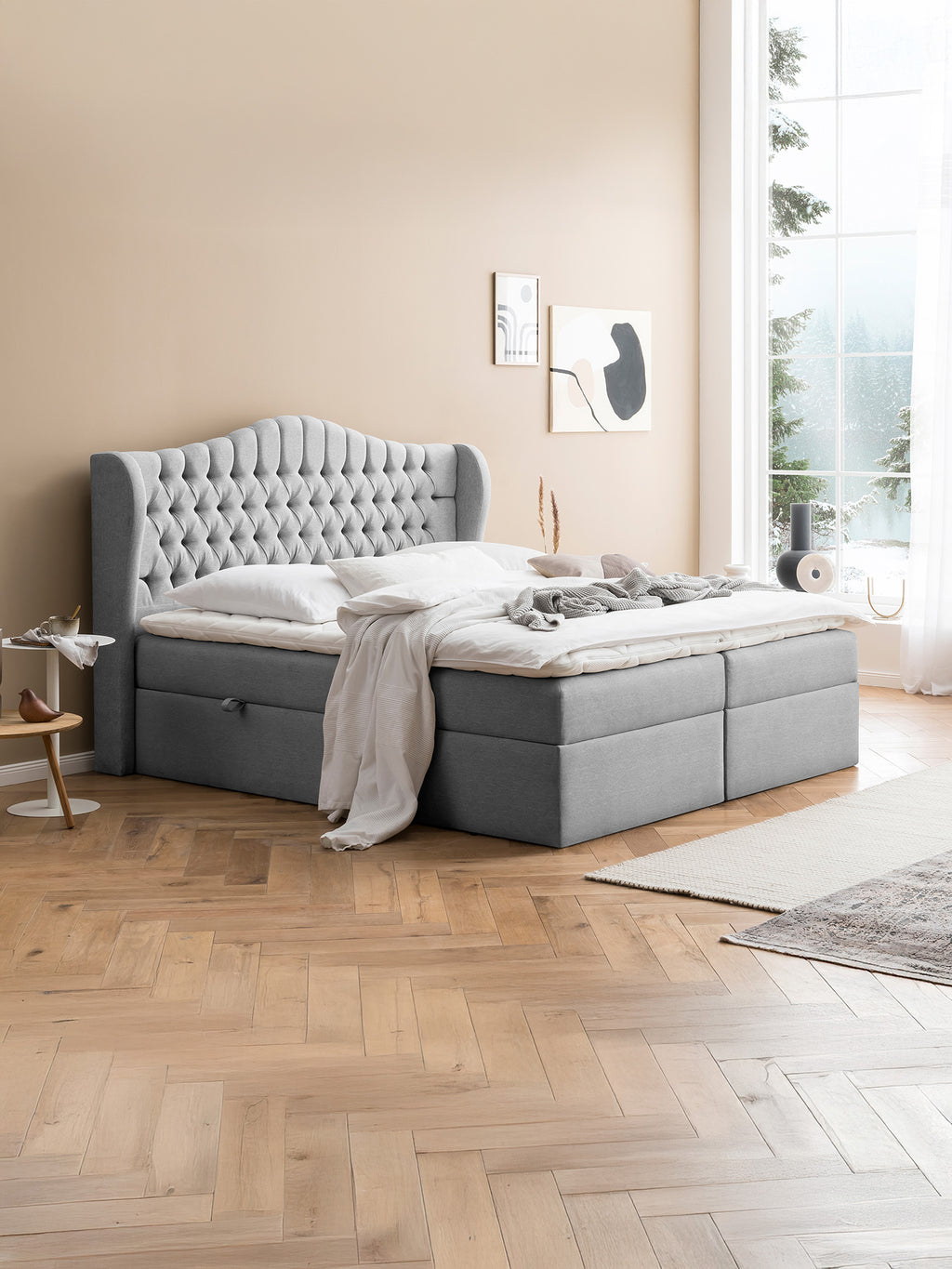 Webstoff Boxspringbett mit Stauraum Hellgrau MAISON