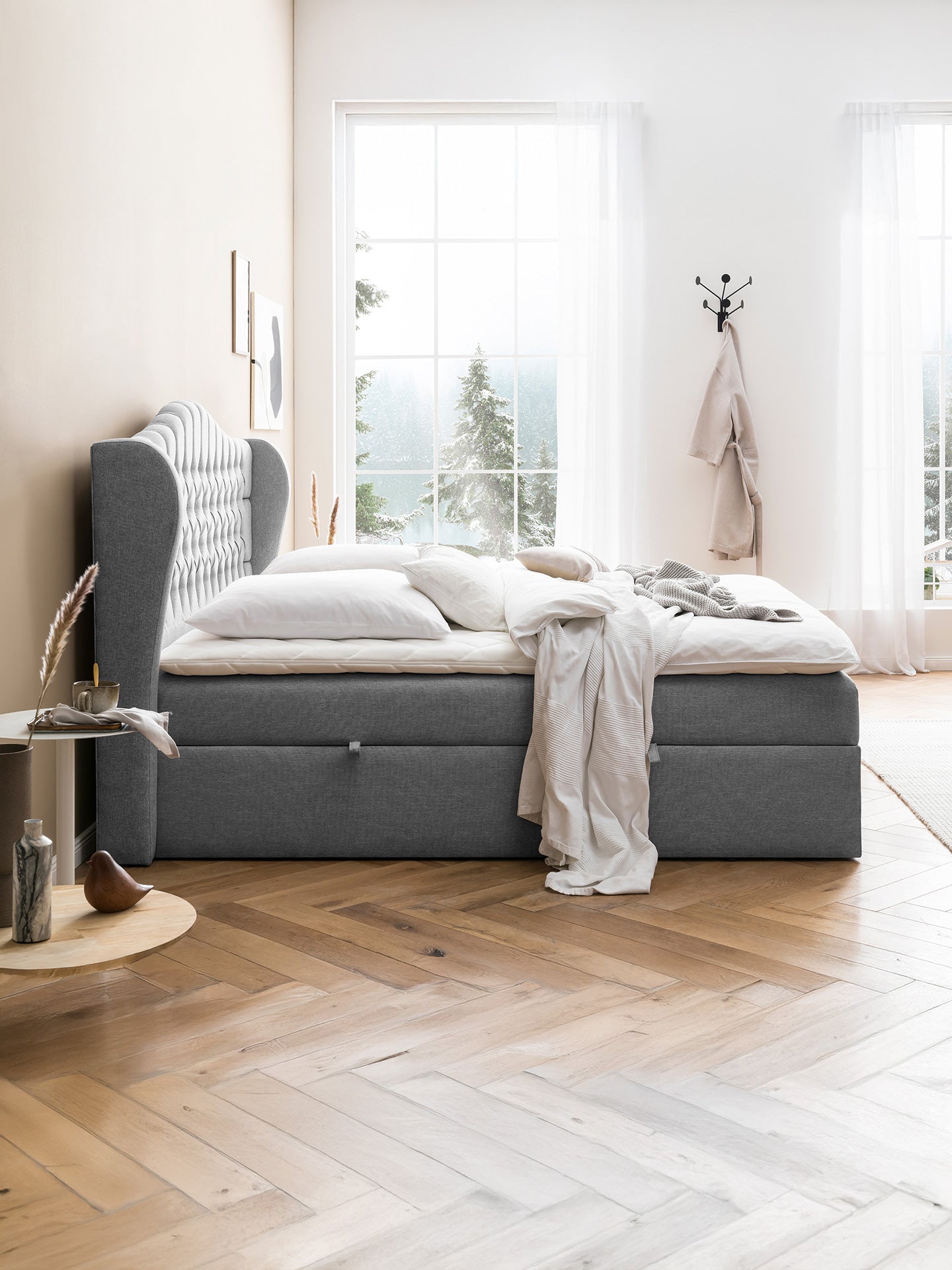 Webstoff Boxspringbett mit Stauraum Hellgrau MAISON