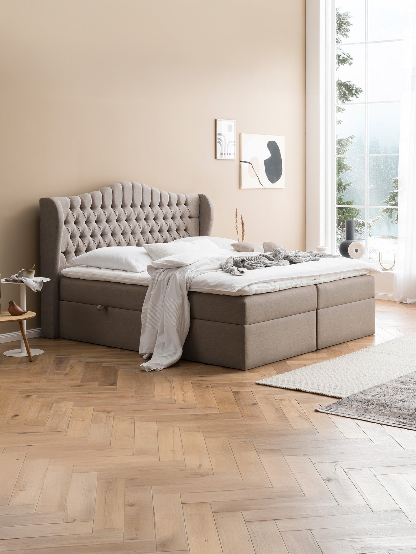 Webstoff Boxspringbett mit Stauraum Nougat MAISON