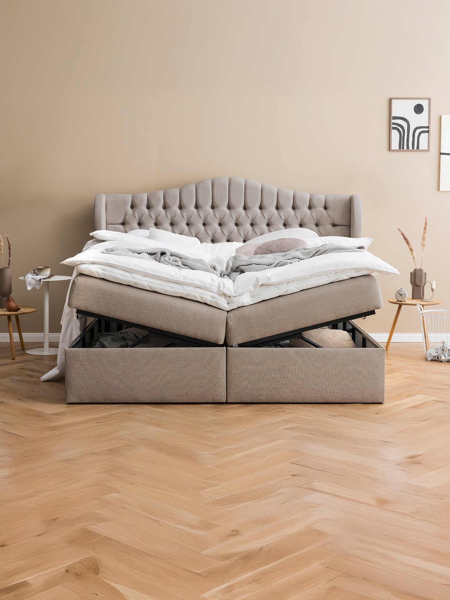 Webstoff Boxspringbett mit Stauraum Nougat MAISON