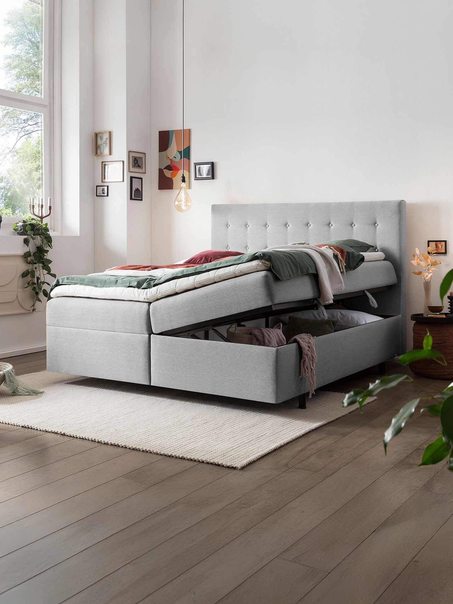Webstoff Boxspringbett mit Stauraum Hellgrau MILANO