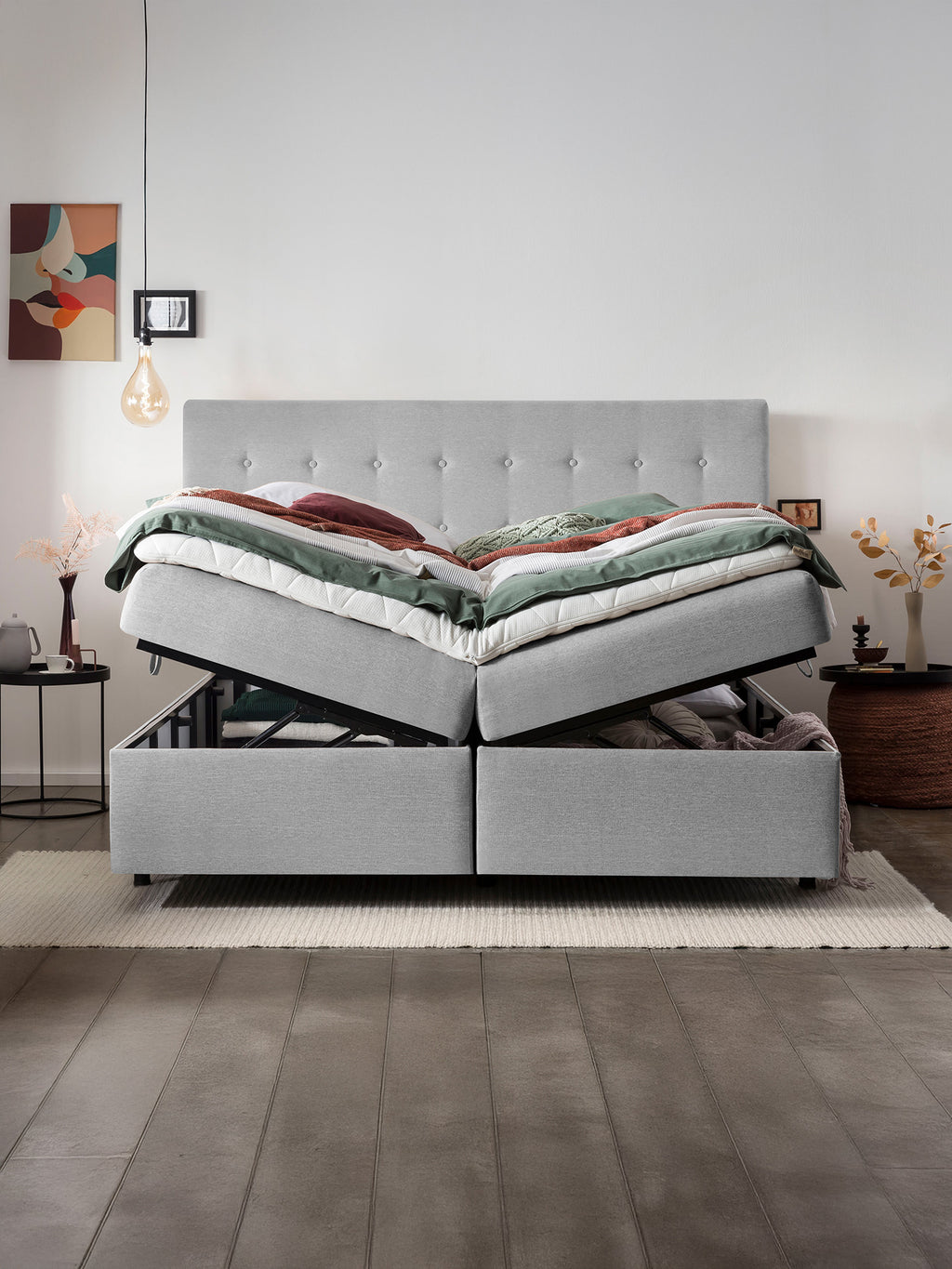 Webstoff Boxspringbett mit Stauraum Hellgrau MILANO
