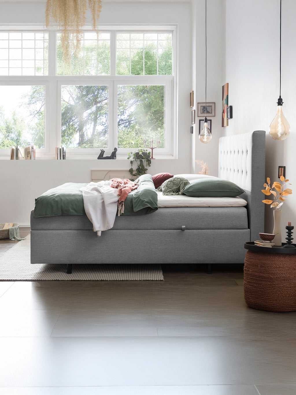 Webstoff Boxspringbett mit Stauraum Hellgrau MILANO