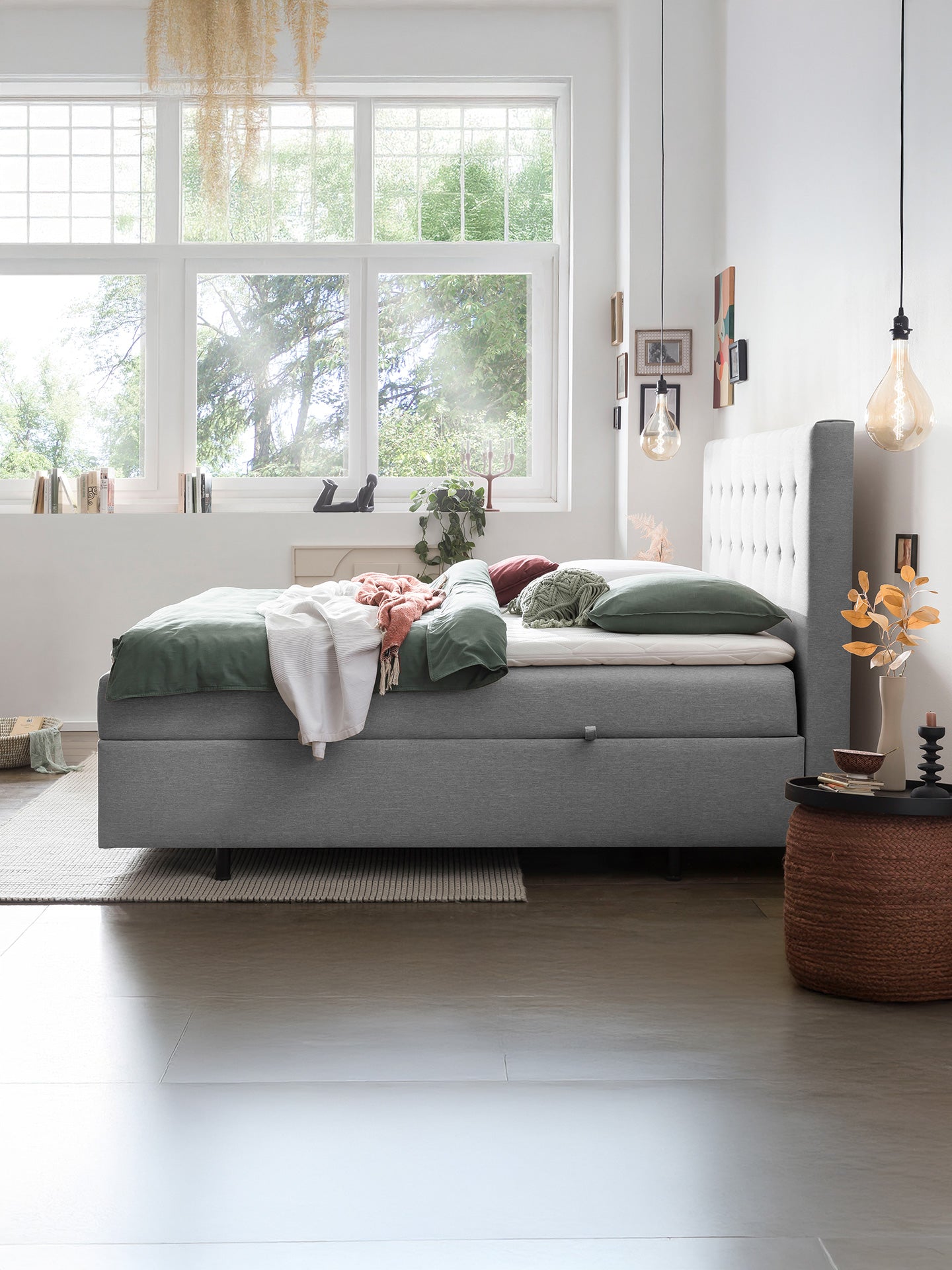 Webstoff Boxspringbett mit Stauraum Hellgrau MILANO