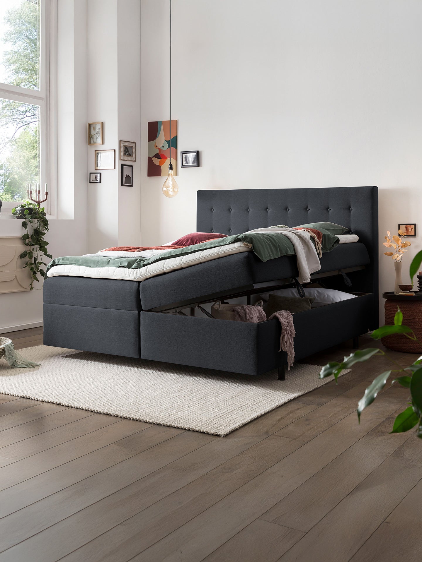 Webstoff Boxspringbett mit Stauraum Schwarz MILANO