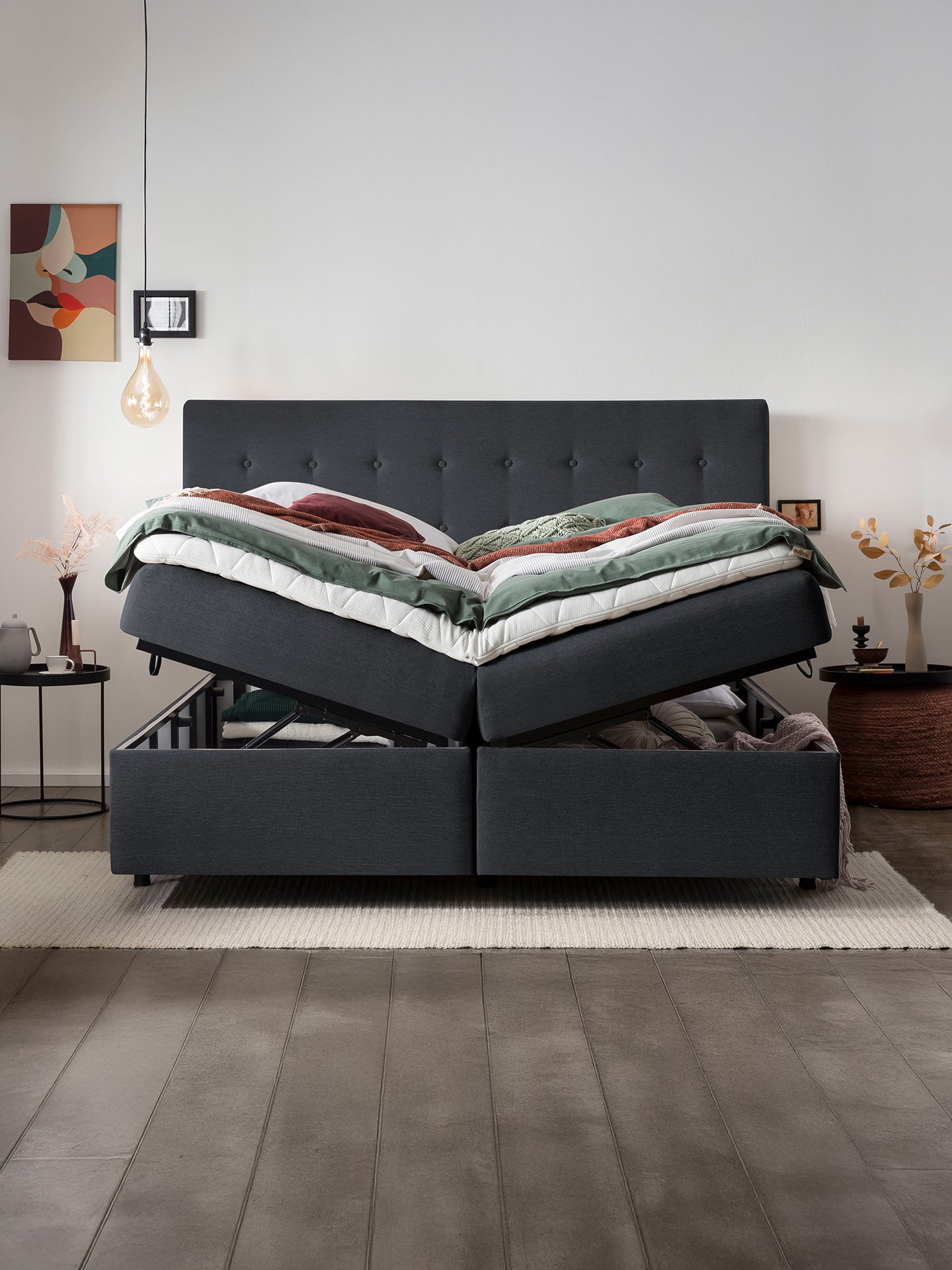 Webstoff Boxspringbett mit Stauraum Schwarz MILANO