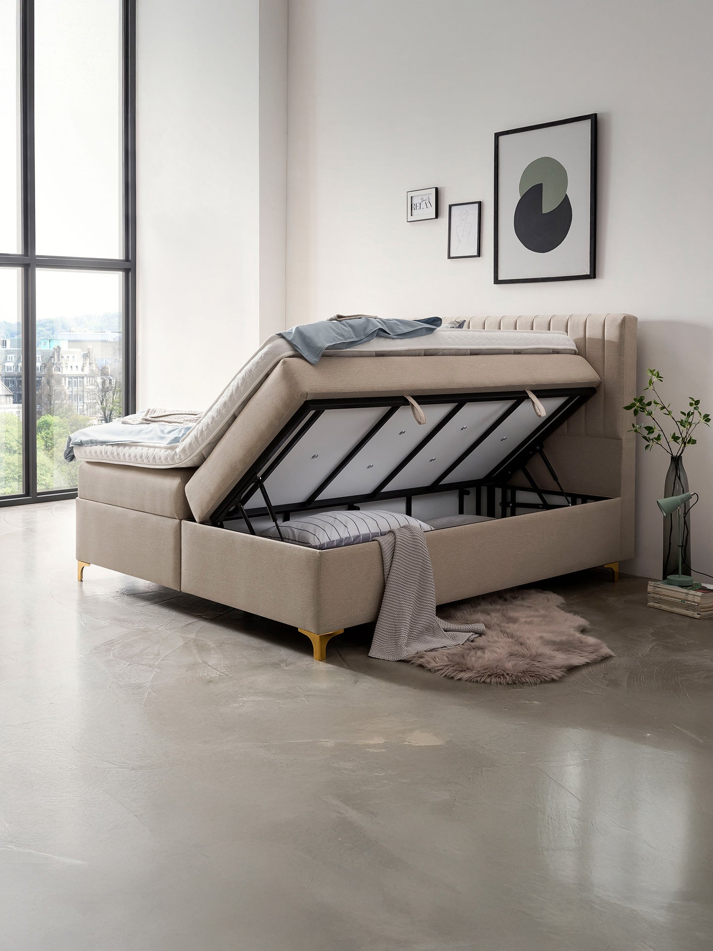Webstoff Boxspringbett mit Stauraum Beige PARIS