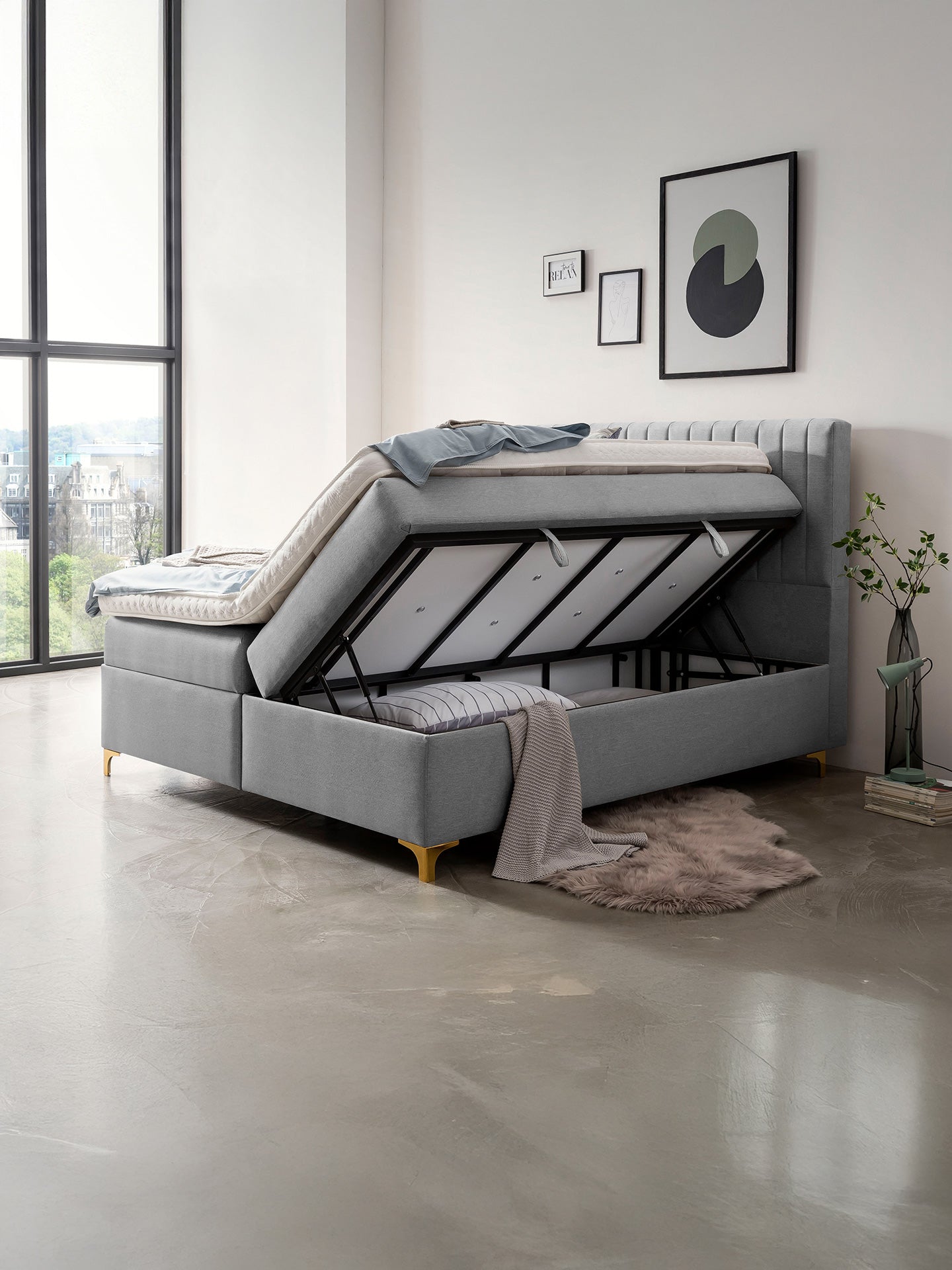 Webstoff Boxspringbett mit Stauraum Hellgrau PARIS