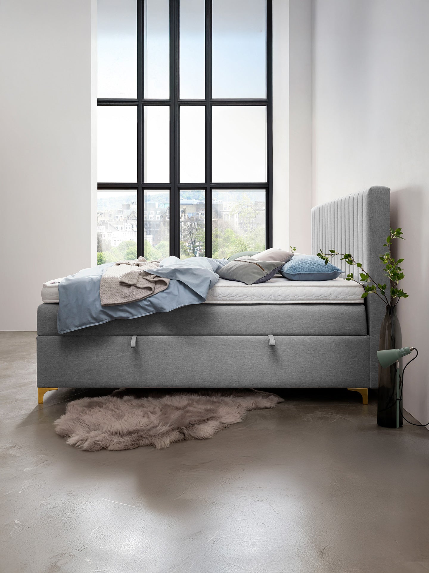 Webstoff Boxspringbett mit Stauraum Hellgrau PARIS