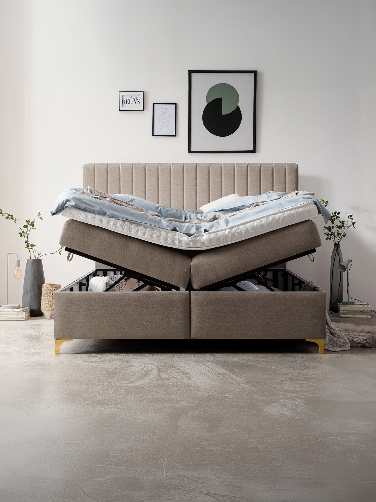 Webstoff Boxspringbett mit Stauraum Nougat PARIS