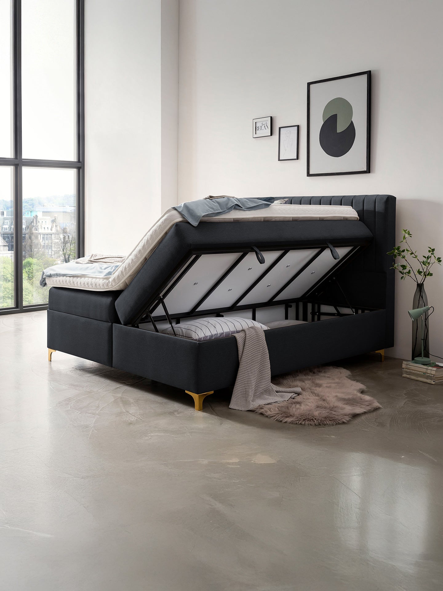 Webstoff Boxspringbett mit Stauraum Schwarz PARIS