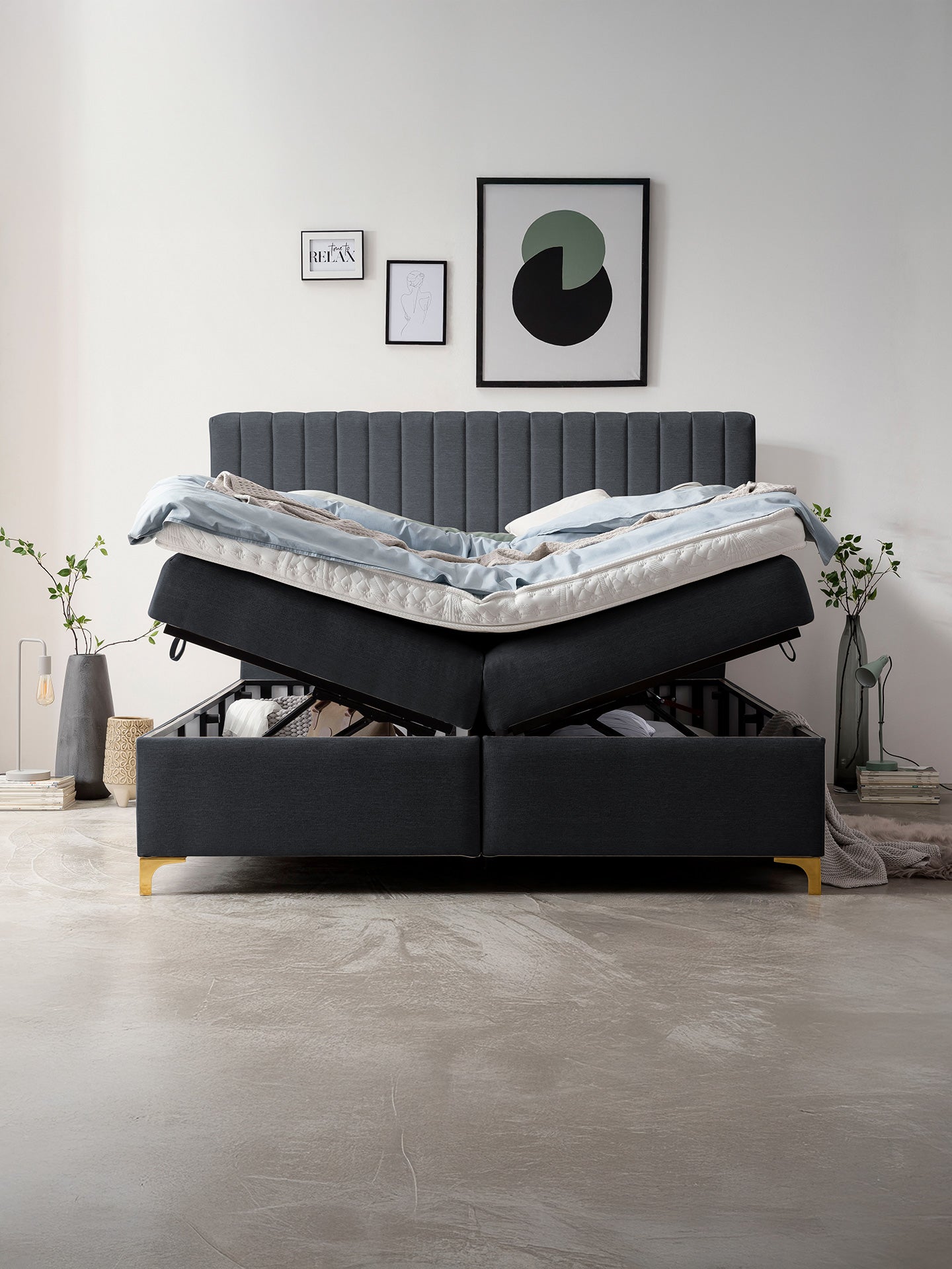 Webstoff Boxspringbett mit Stauraum Schwarz PARIS