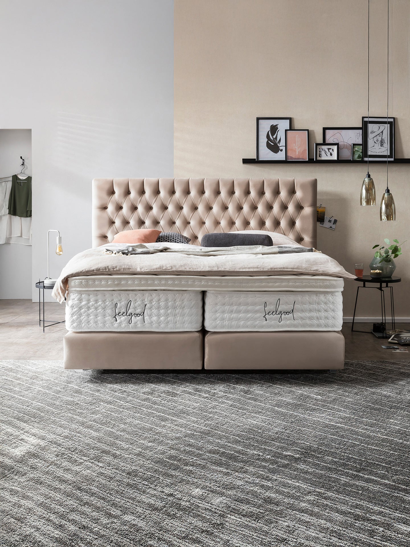 Velours Boxspringbett Creme VEGAS