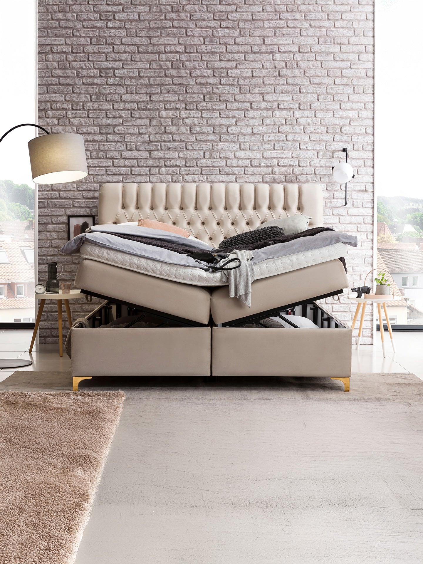 Velours Boxspringbett mit Stauraum Creme CHESTER