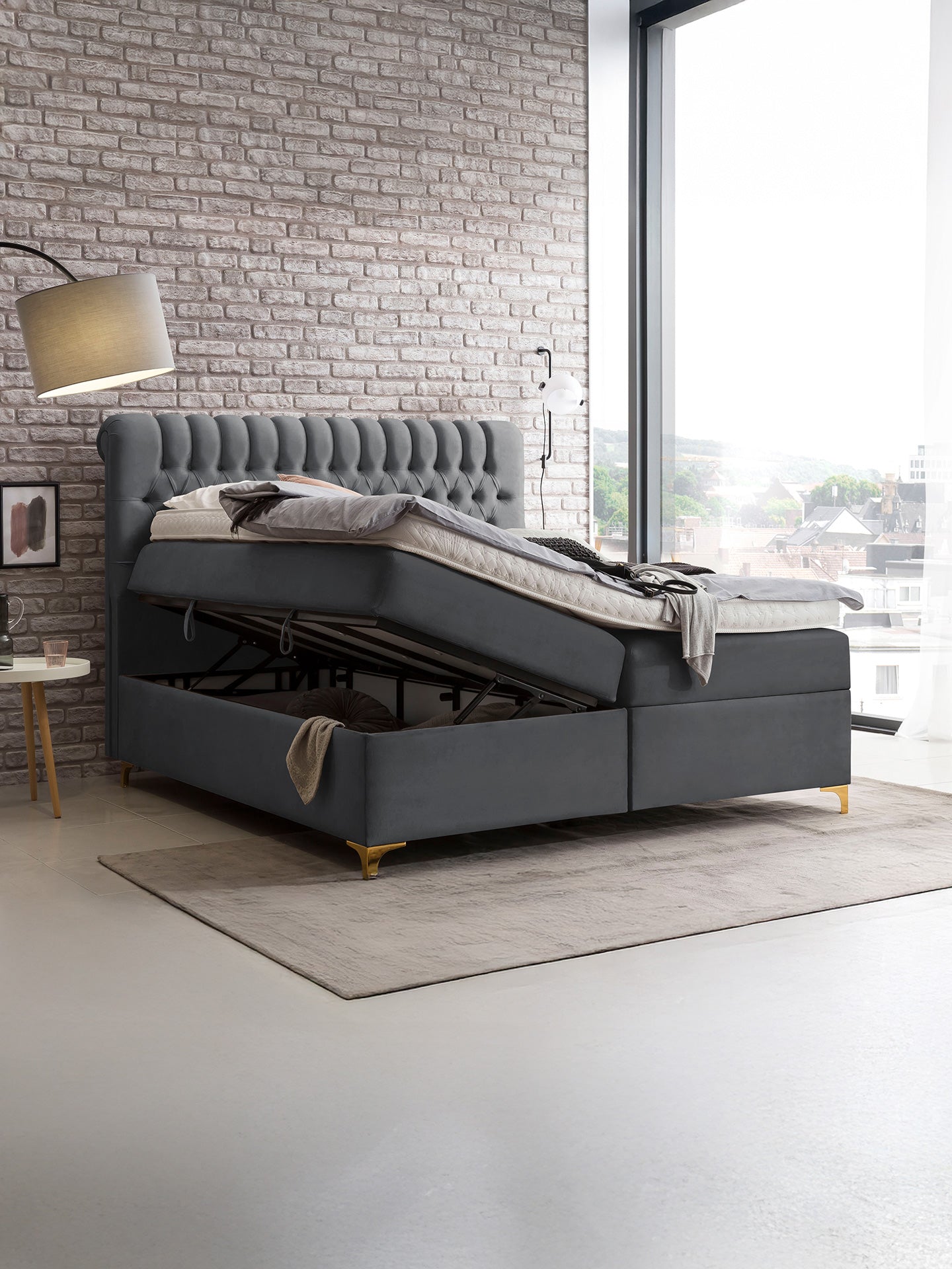 Velours Boxspringbett mit Stauraum Dunkelgrau CHESTER