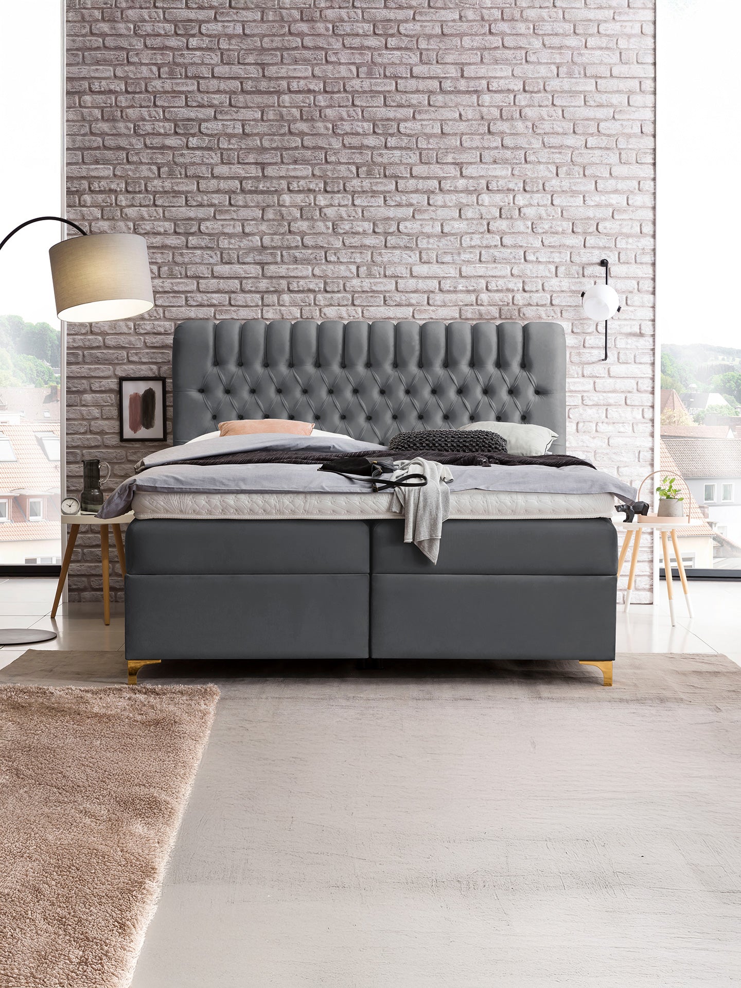 Velours Boxspringbett mit Stauraum Dunkelgrau CHESTER